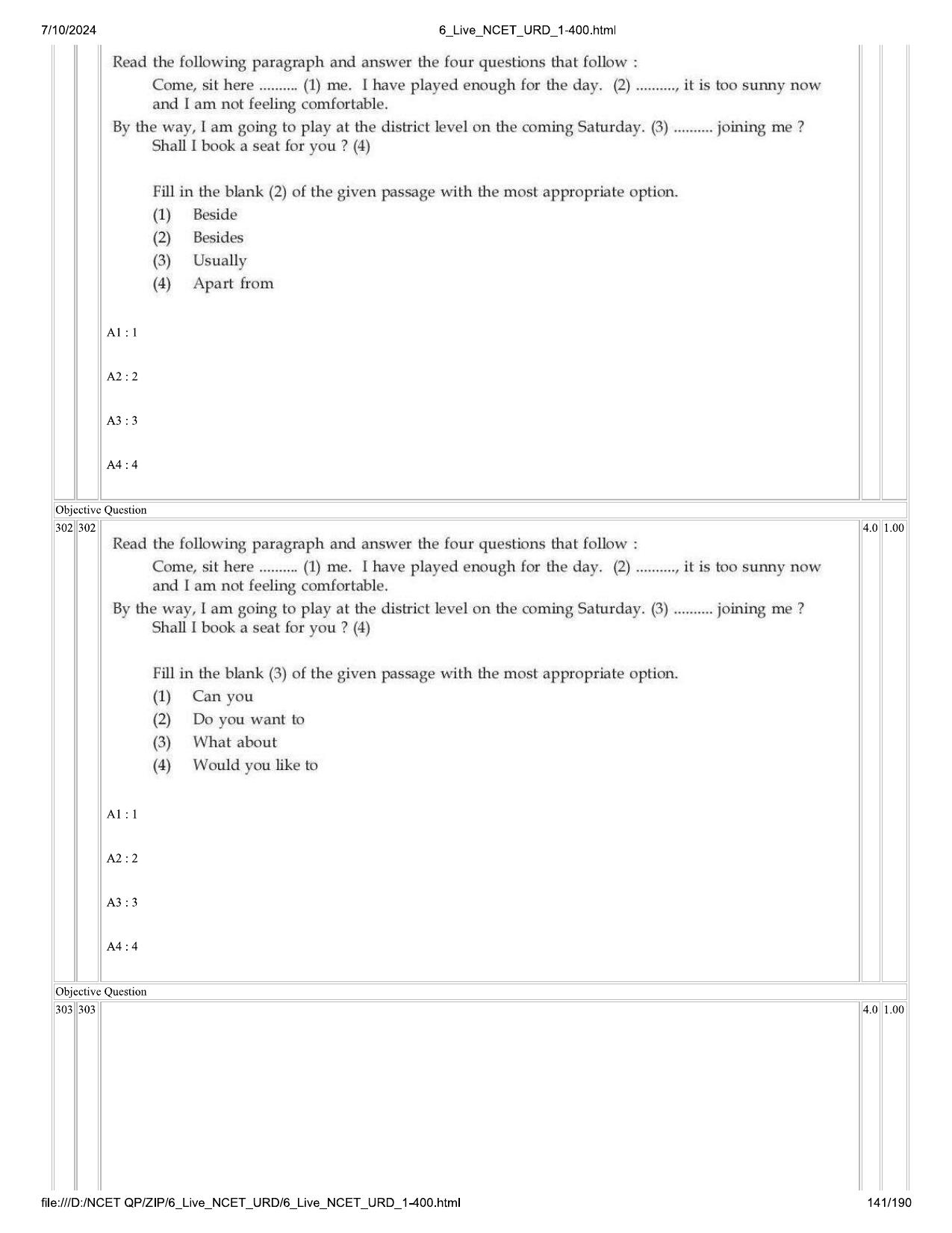 NCET 2024 Question Paper (Q 1-400) - Page 141