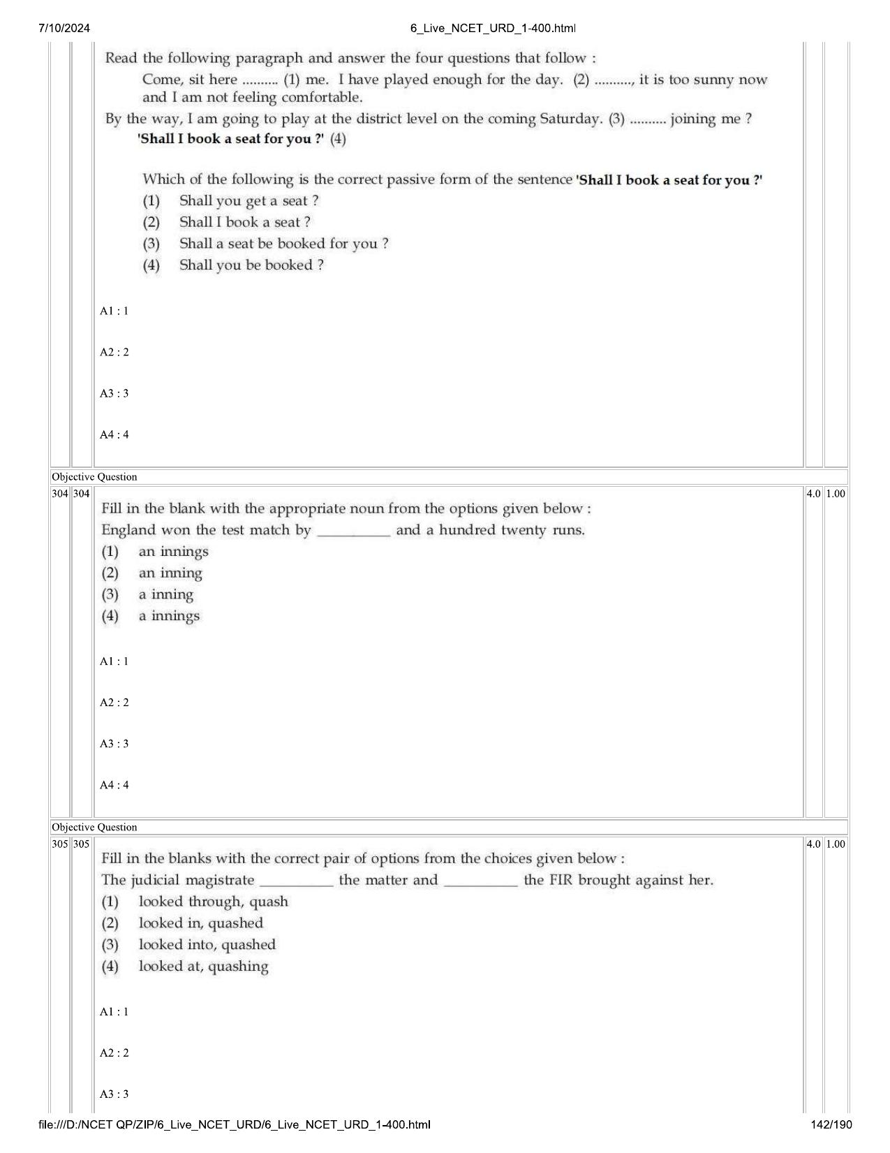 NCET 2024 Question Paper (Q 1-400) - Page 142