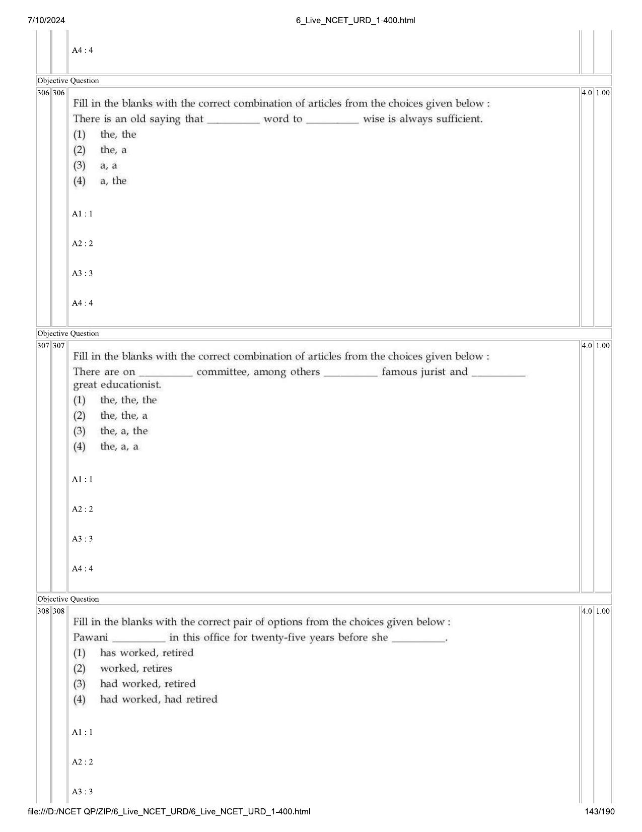 NCET 2024 Question Paper (Q 1-400) - Page 143