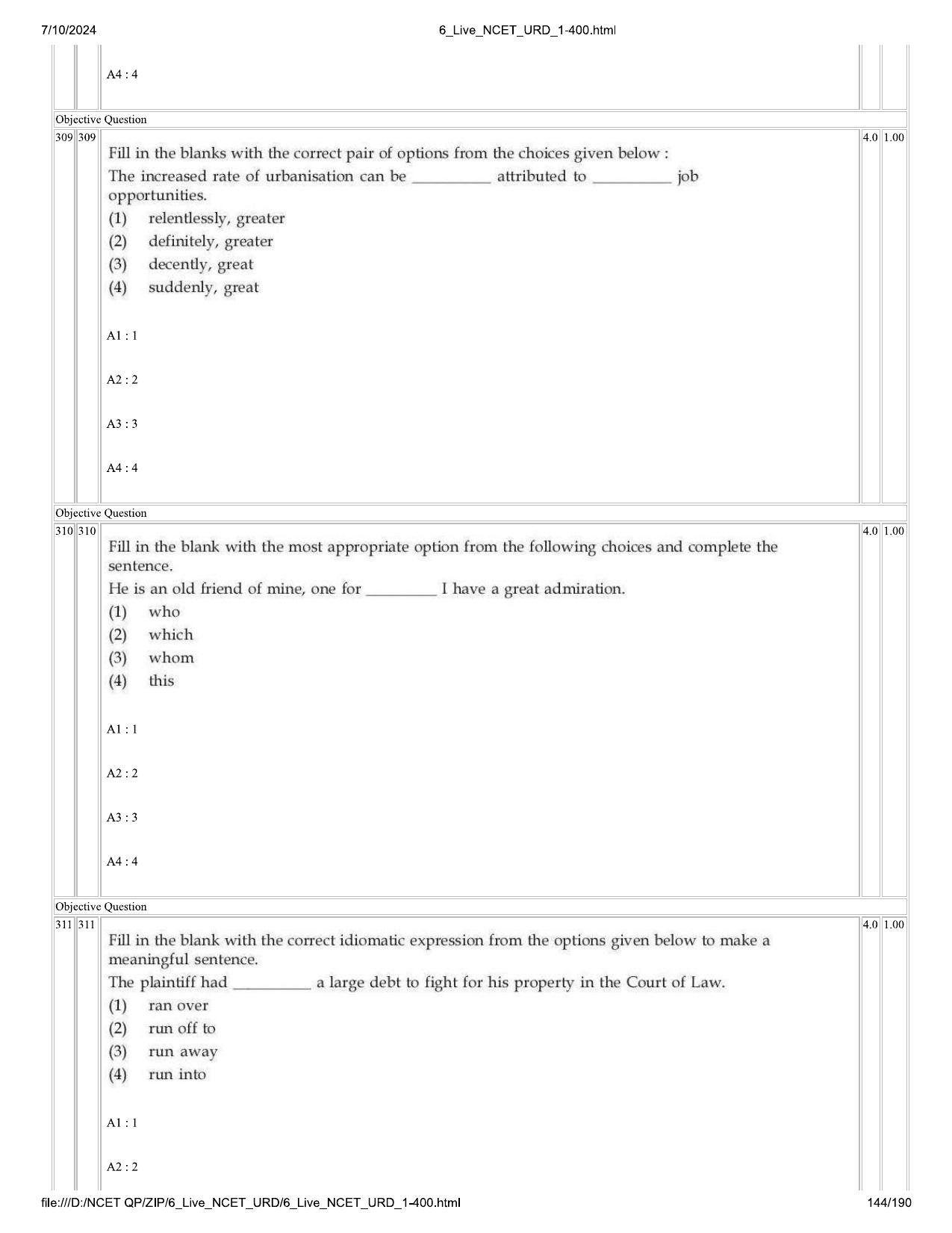 NCET 2024 Question Paper (Q 1-400) - Page 144