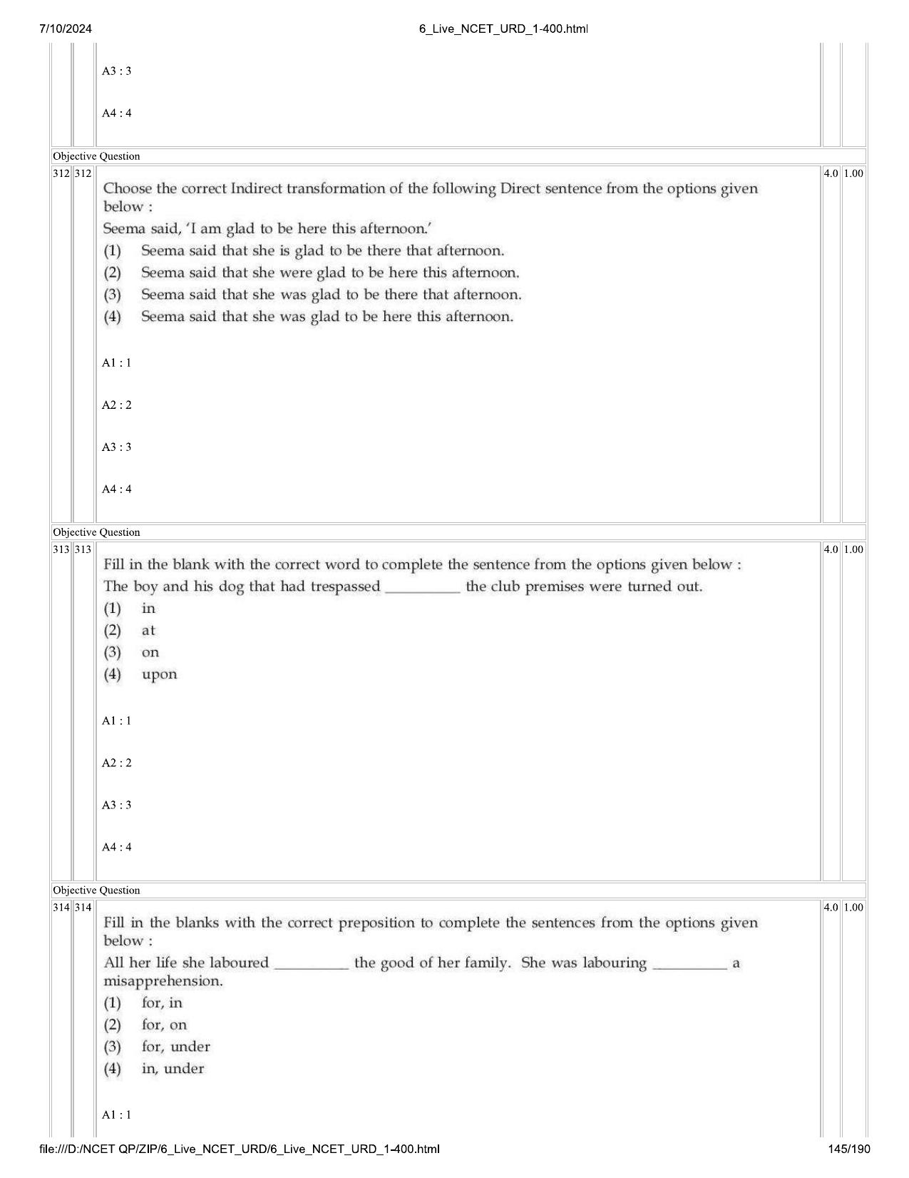 NCET 2024 Question Paper (Q 1-400) - Page 145