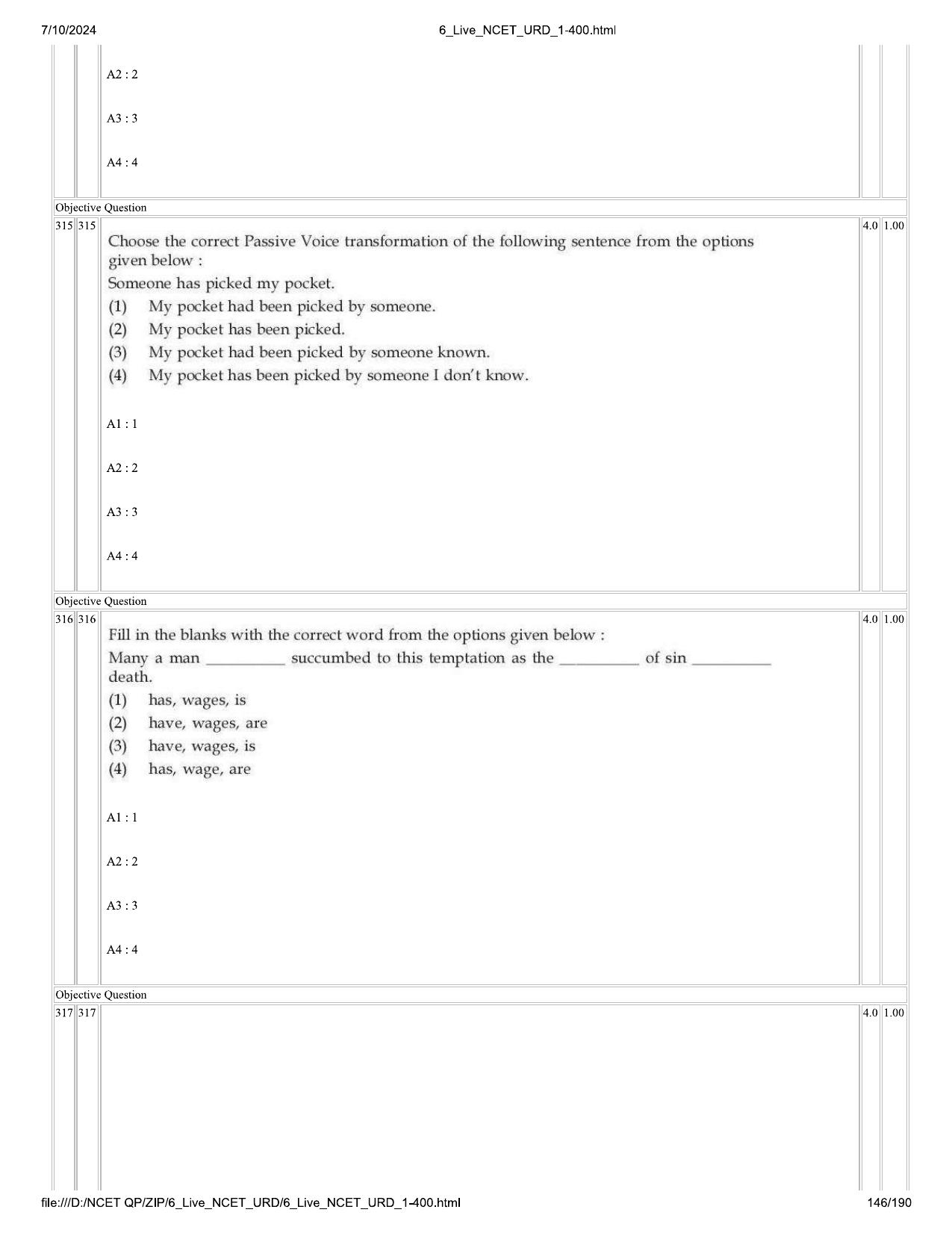NCET 2024 Question Paper (Q 1-400) - Page 146