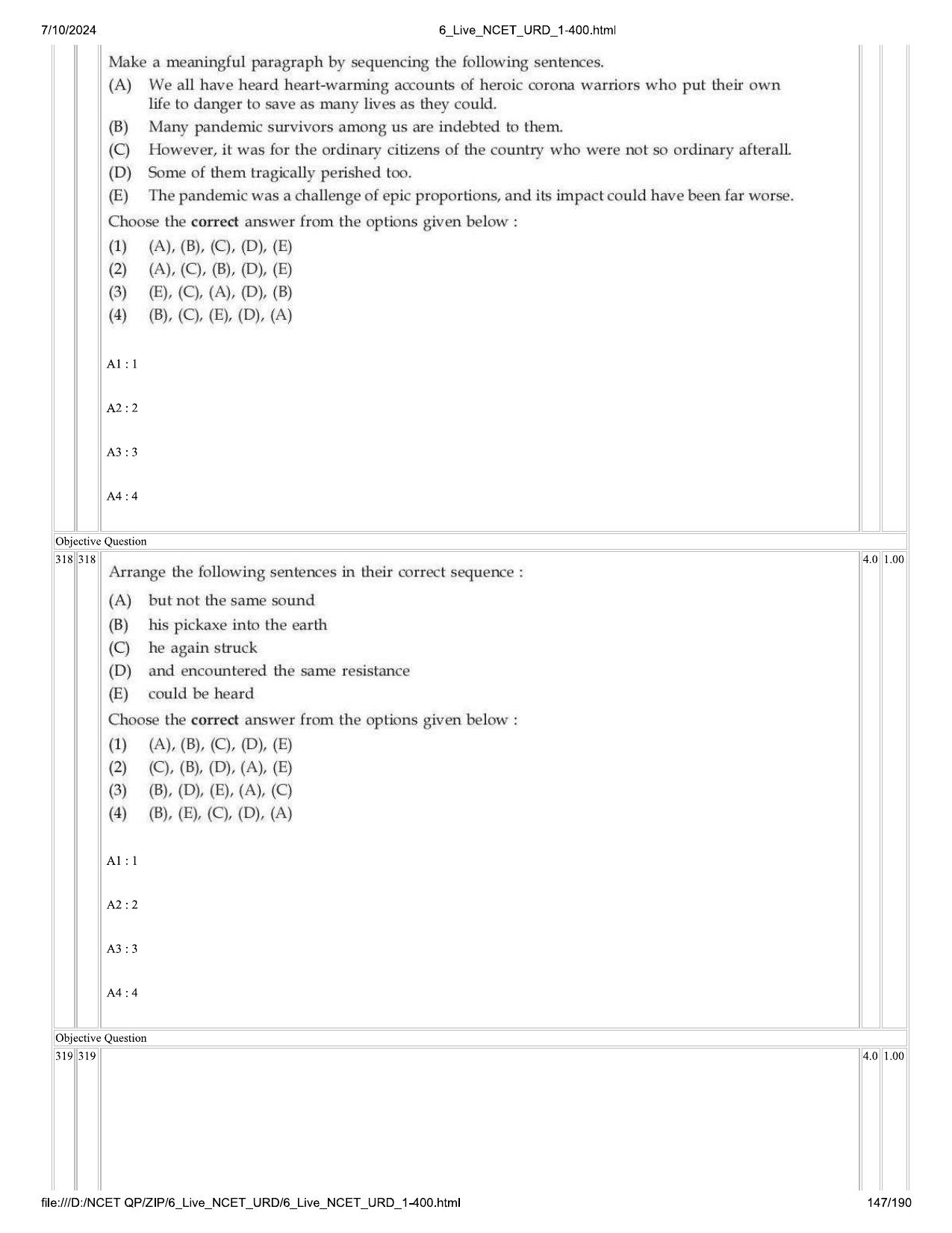 NCET 2024 Question Paper (Q 1-400) - Page 147