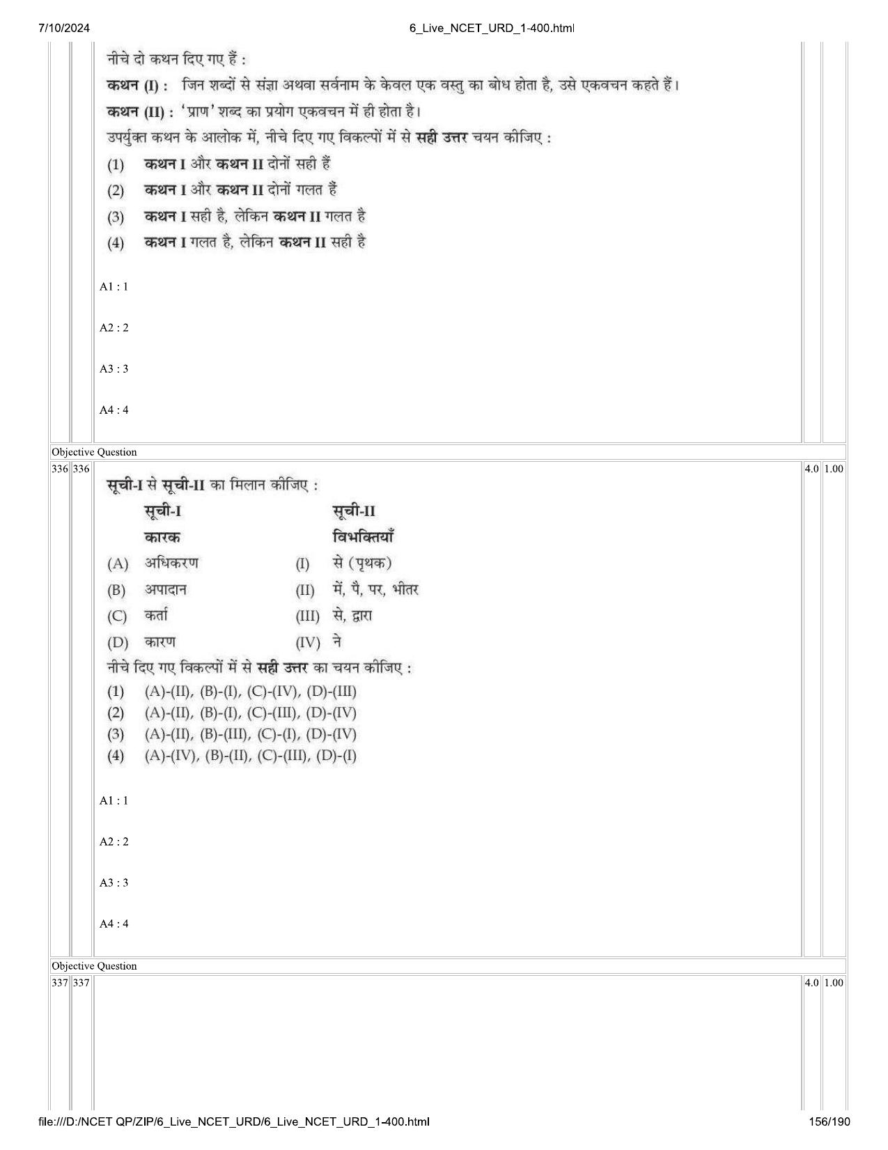 NCET 2024 Question Paper (Q 1-400) - Page 156