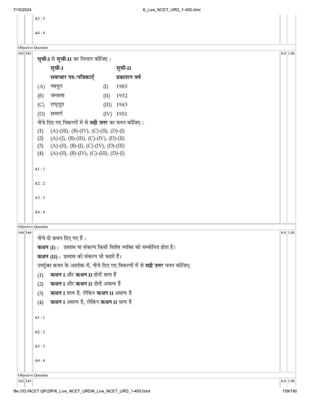 NCET 2024 Question Paper (Q 1-400) - Page 159