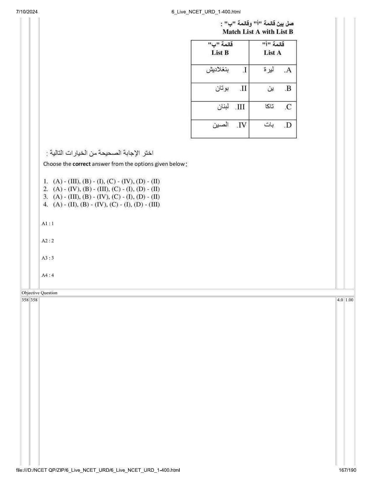 NCET 2024 Question Paper (Q 1-400) - Page 167