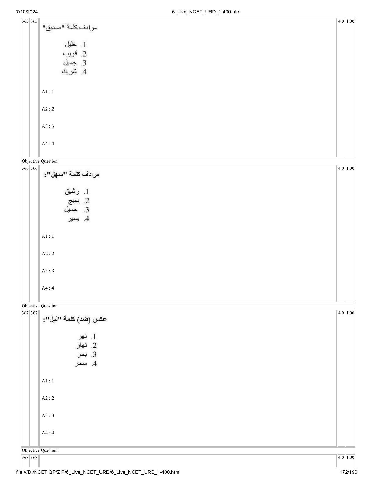 NCET 2024 Question Paper (Q 1-400) - Page 172