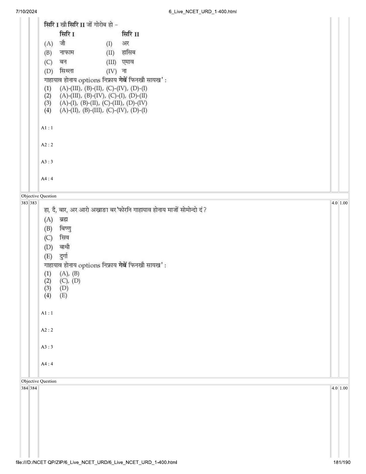 NCET 2024 Question Paper (Q 1-400) - Page 181