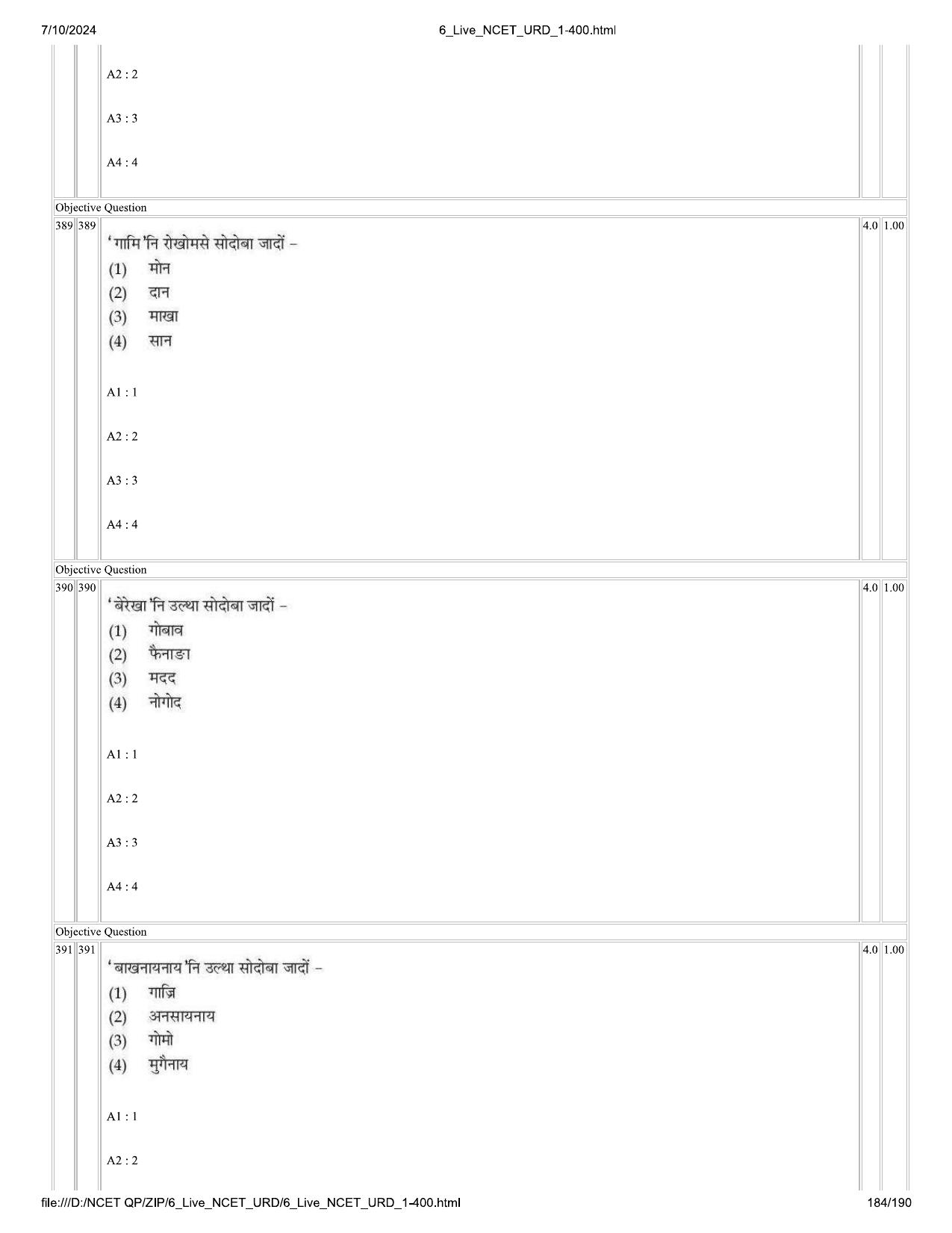 NCET 2024 Question Paper (Q 1-400) - Page 184