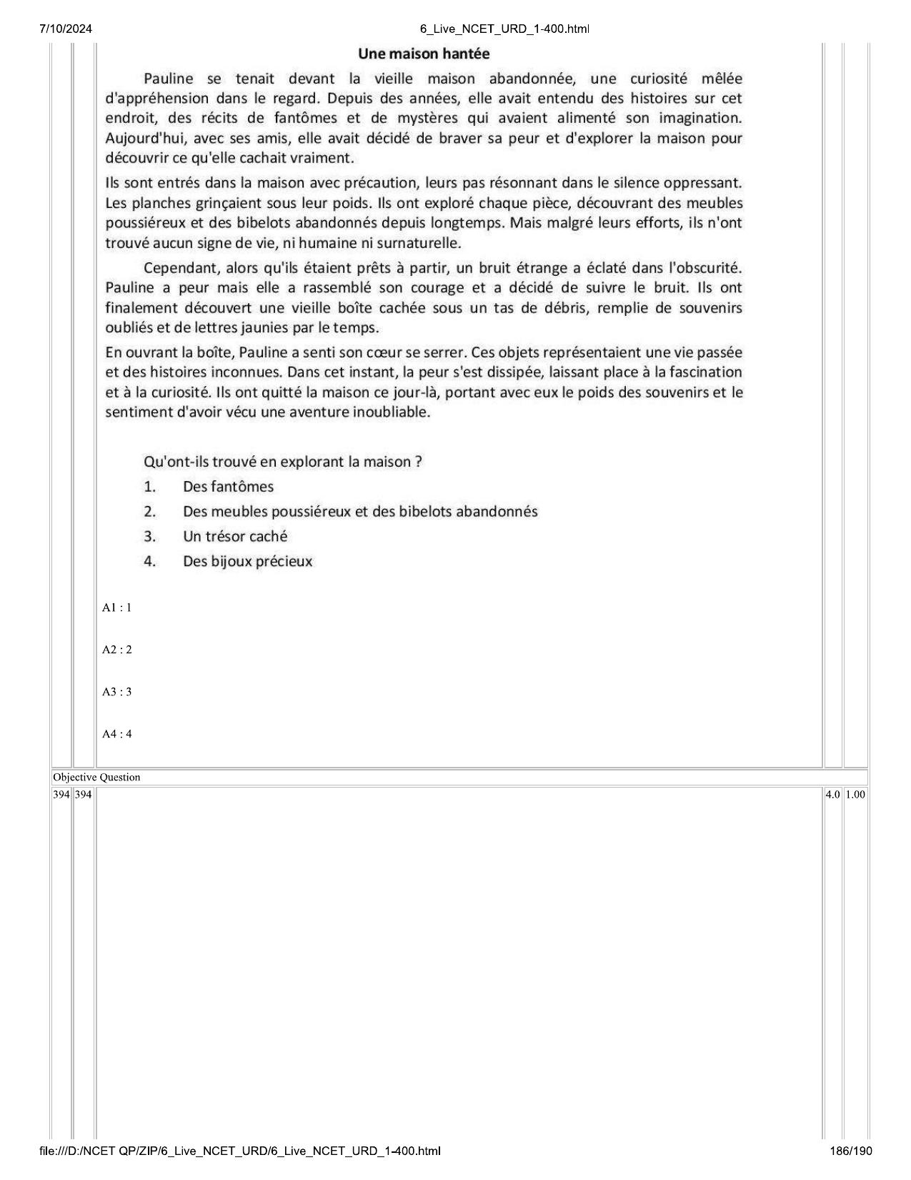 NCET 2024 Question Paper (Q 1-400) - Page 186