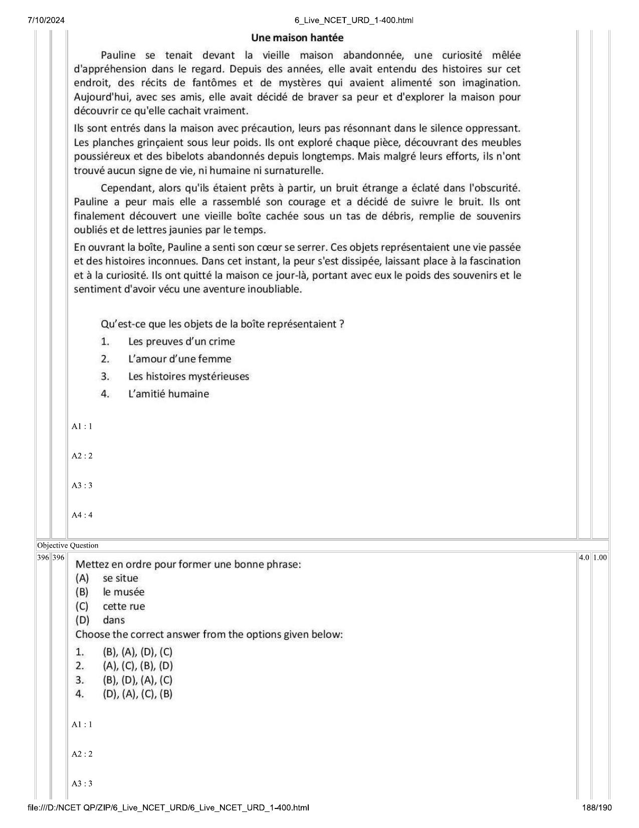 NCET 2024 Question Paper (Q 1-400) - Page 188