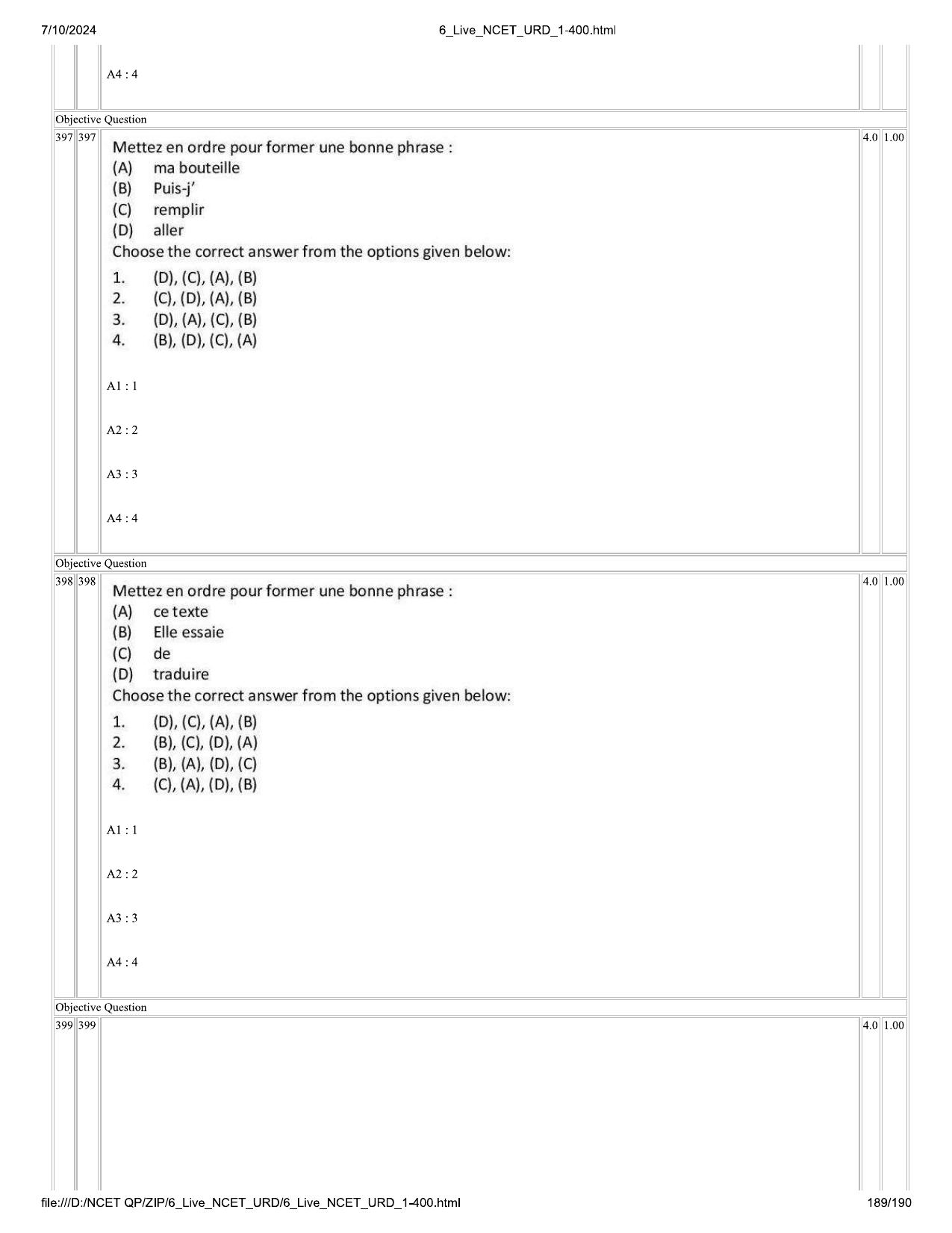 NCET 2024 Question Paper (Q 1-400) - Page 189