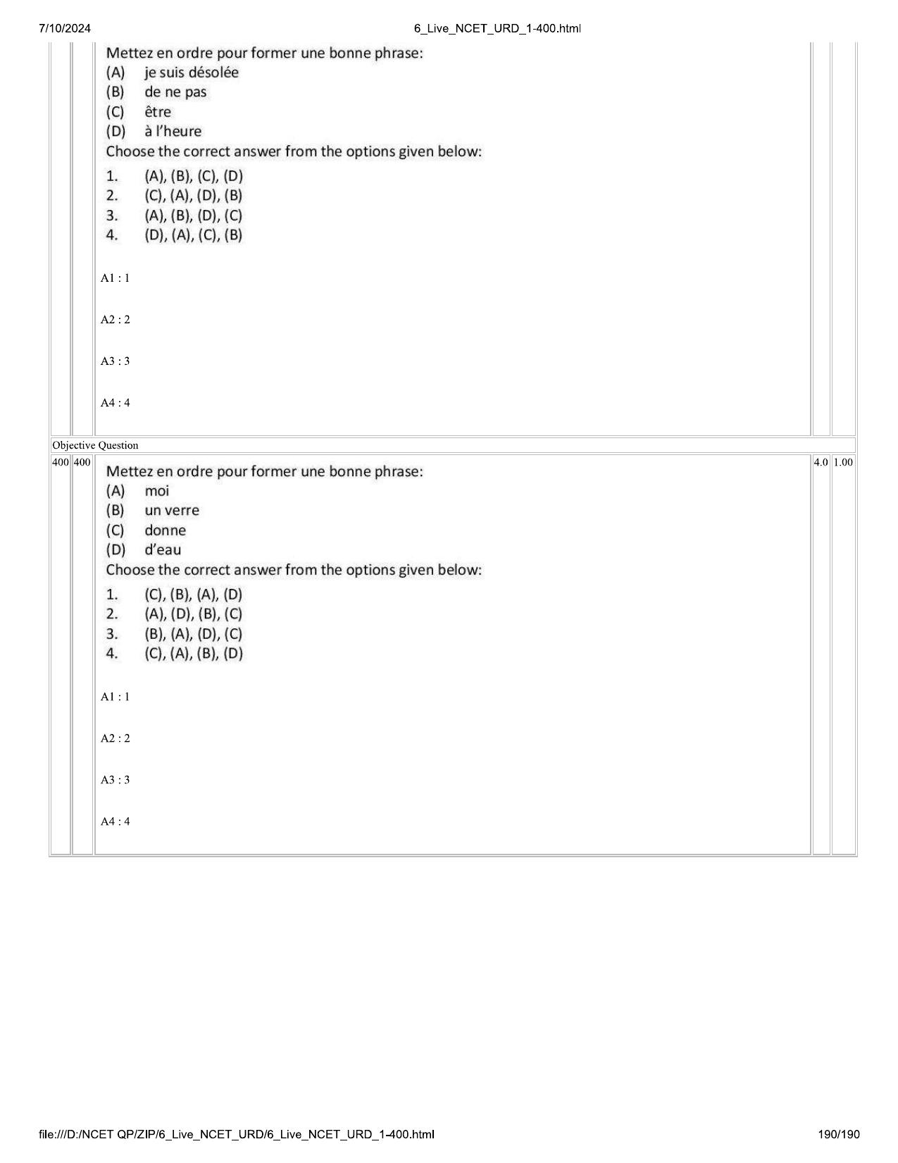 NCET 2024 Question Paper (Q 1-400) - Page 190
