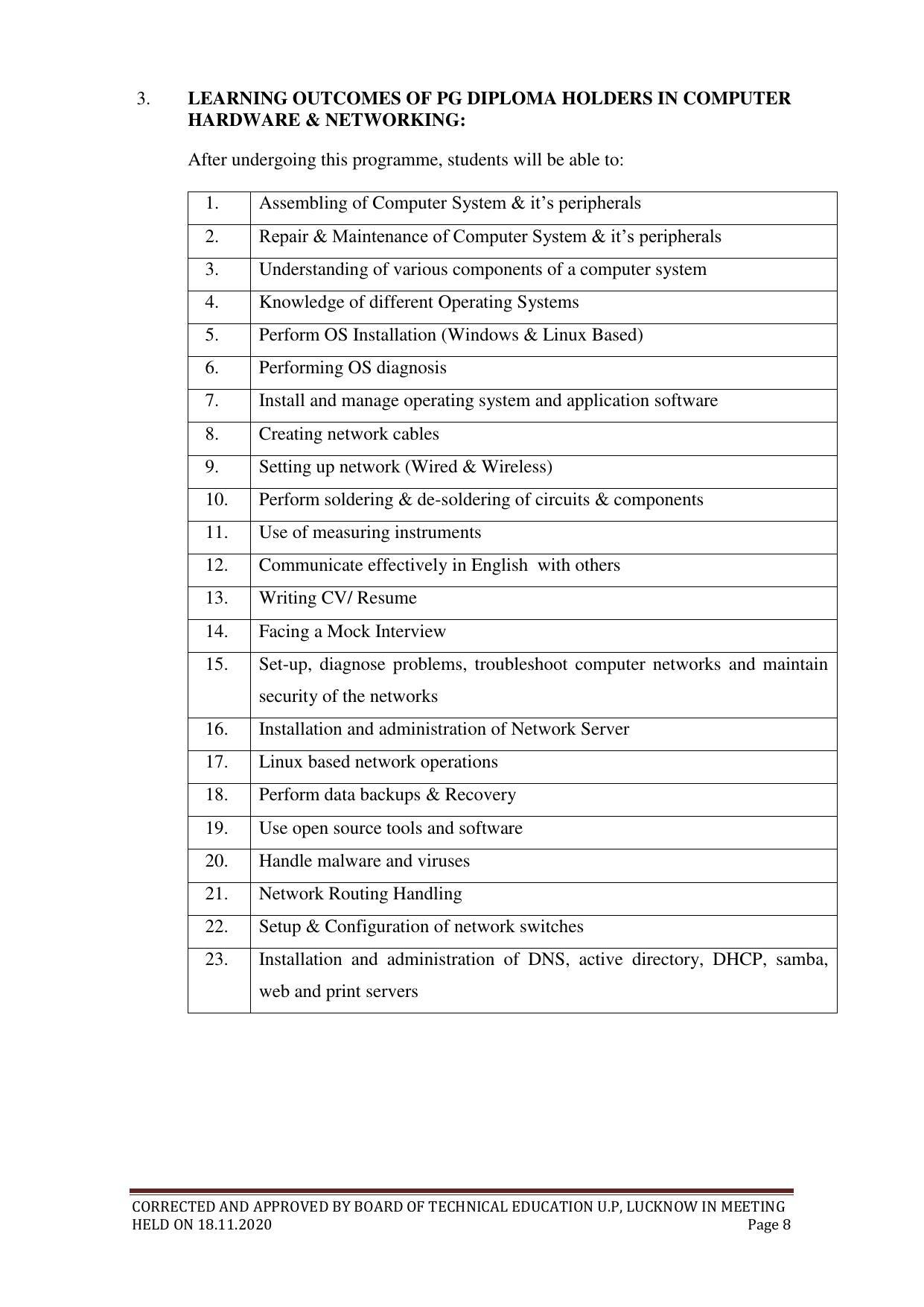 SYLLABUS FOR FIRST SEMESTER SESSION (2020-2021) - TWO SEMESTER POST GRADUATE DIPLOMA COURSE IN COMPUTER HARDWARE & NETWORKING - Page 8