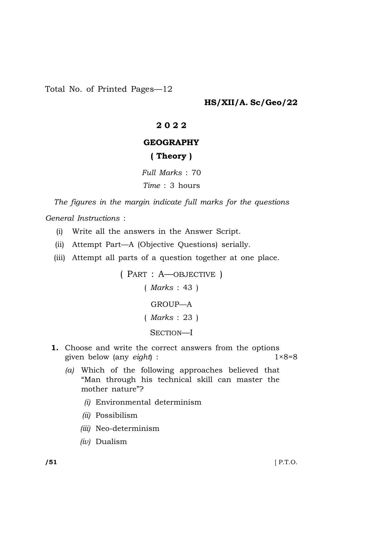 Meghalaya Board (MBOSE) Class 12 GEOGRAPHY (HS-XII-A-Sc-Geo-22) 2022 Question Paper - Page 1