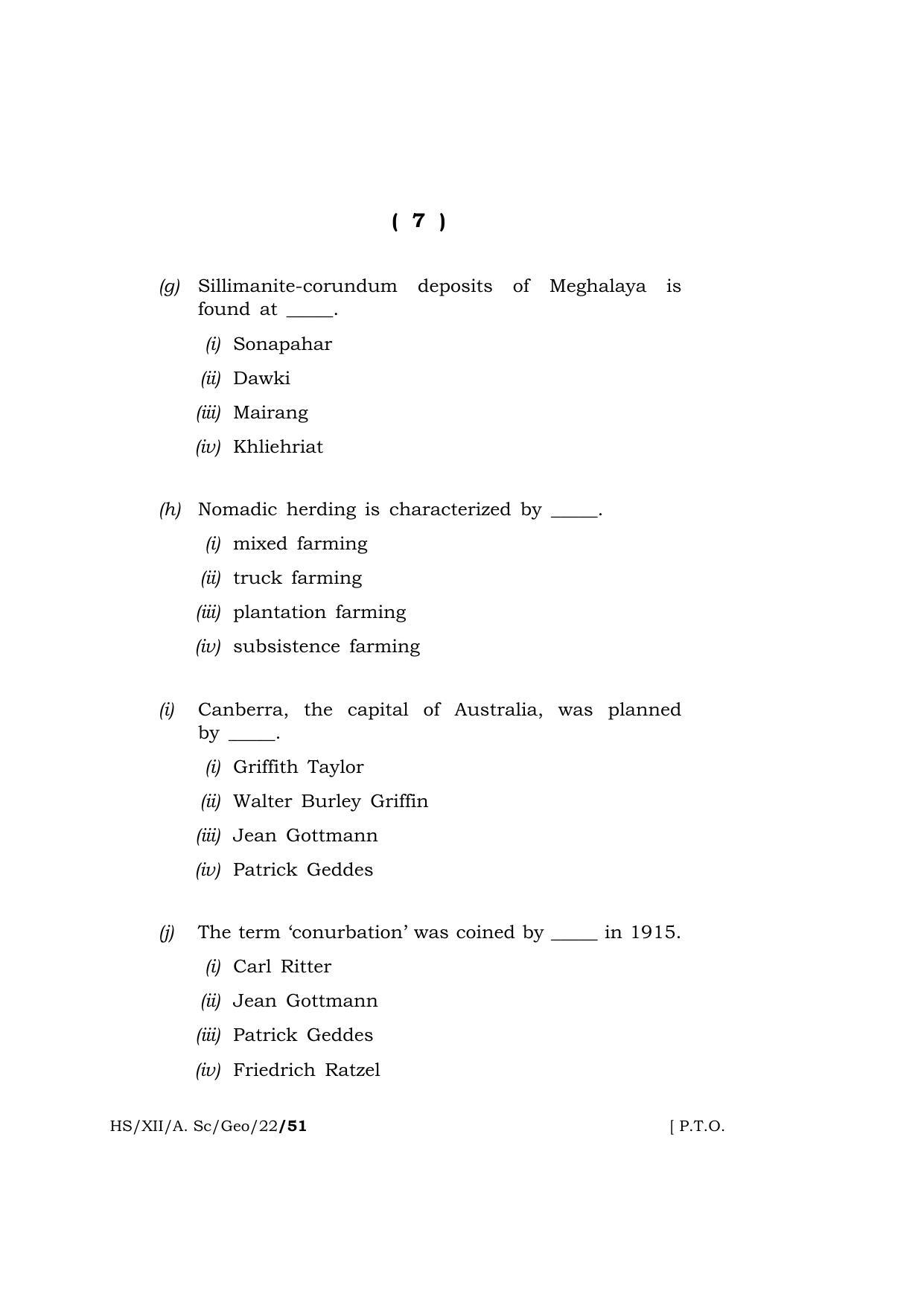 Meghalaya Board (MBOSE) Class 12 GEOGRAPHY (HS-XII-A-Sc-Geo-22) 2022 Question Paper - Page 7