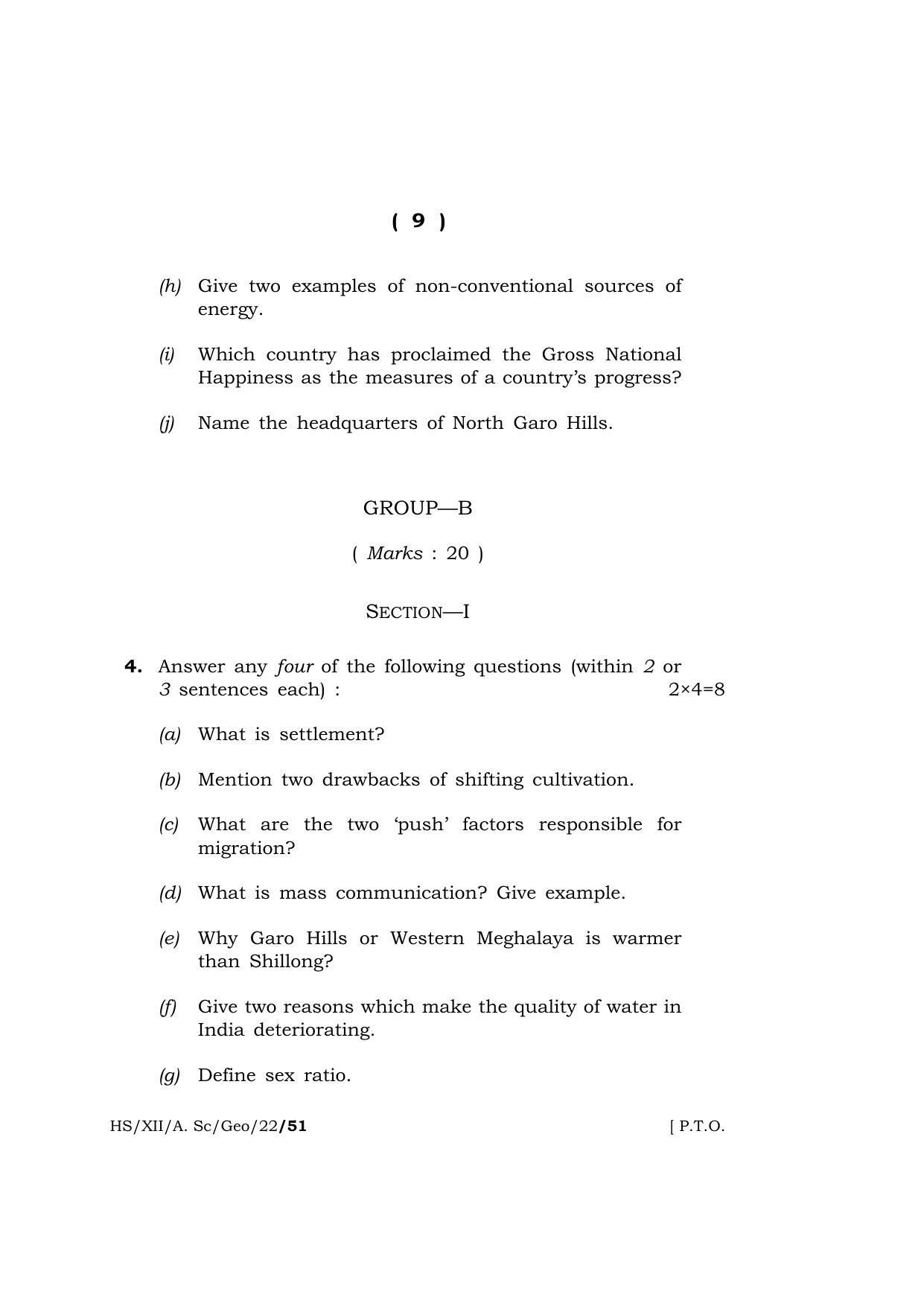 Meghalaya Board (MBOSE) Class 12 GEOGRAPHY (HS-XII-A-Sc-Geo-22) 2022 Question Paper - Page 9