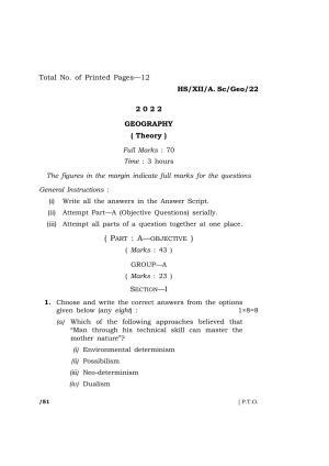 Meghalaya Board (MBOSE) Class 12 GEOGRAPHY (HS-XII-A-Sc-Geo-22) 2022 Question Paper