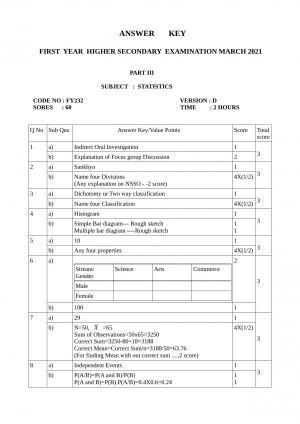 Kerala Plus One (Class 11th) Statistics Answer Key 2021