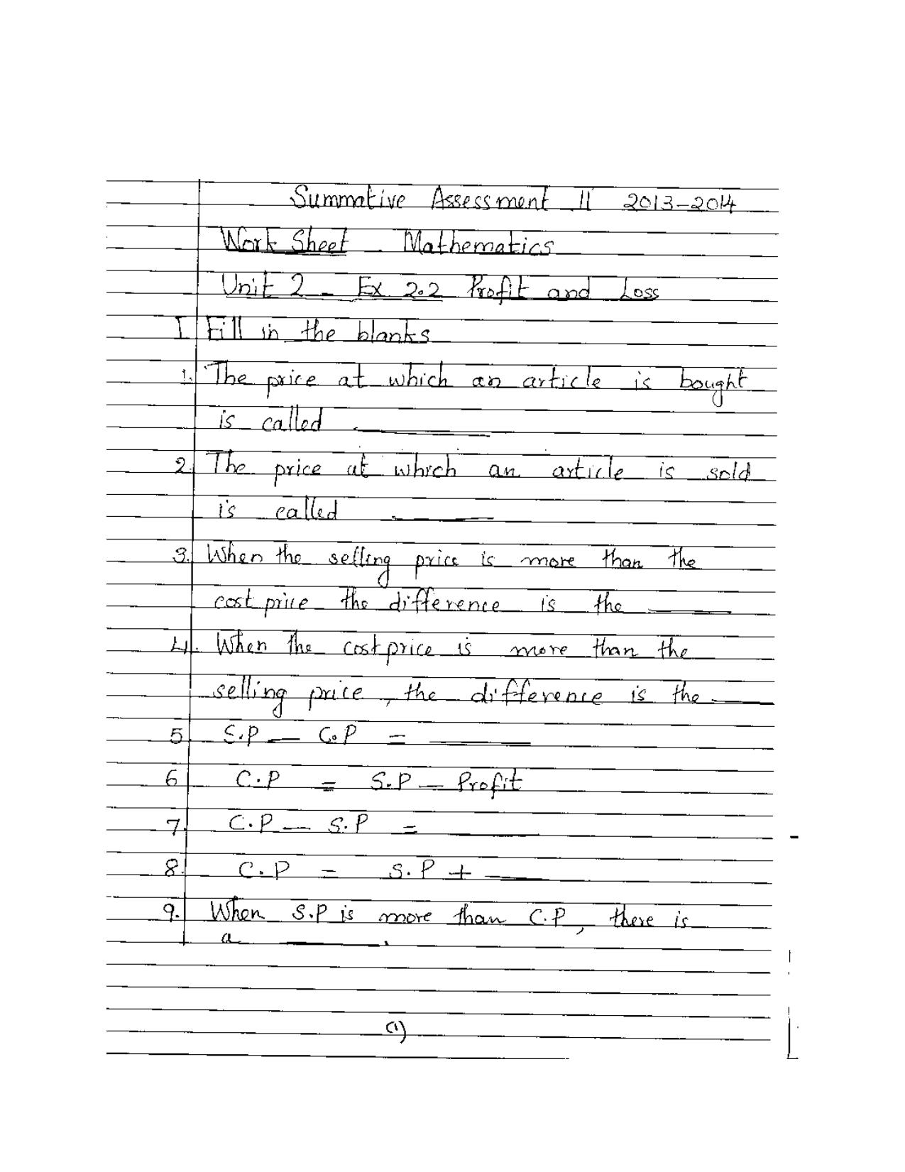 Worksheet for Class 5 Maths Profit and Loss Assignment 3 - Page 1