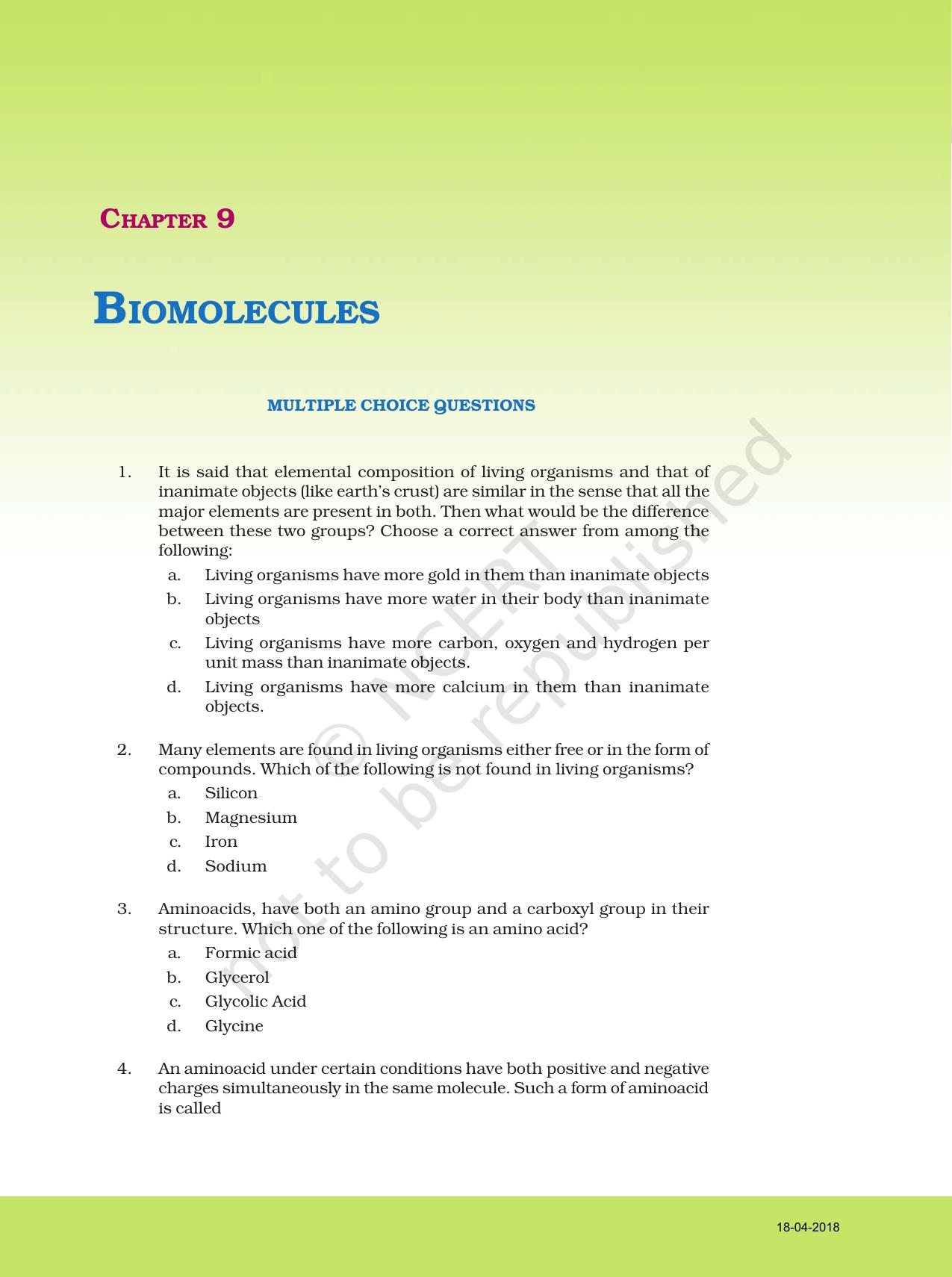 NCERT Exemplar Book for Class 11 Biology: Chapter 9 Biomolecules - Page 1
