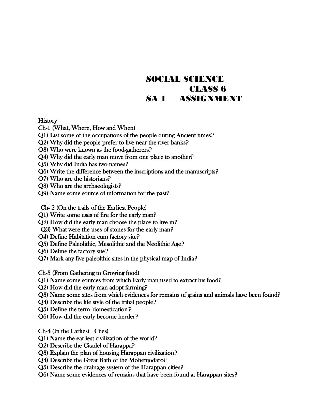 CBSE Worksheets for Class 6 Social Science Assignment 10 - Page 1
