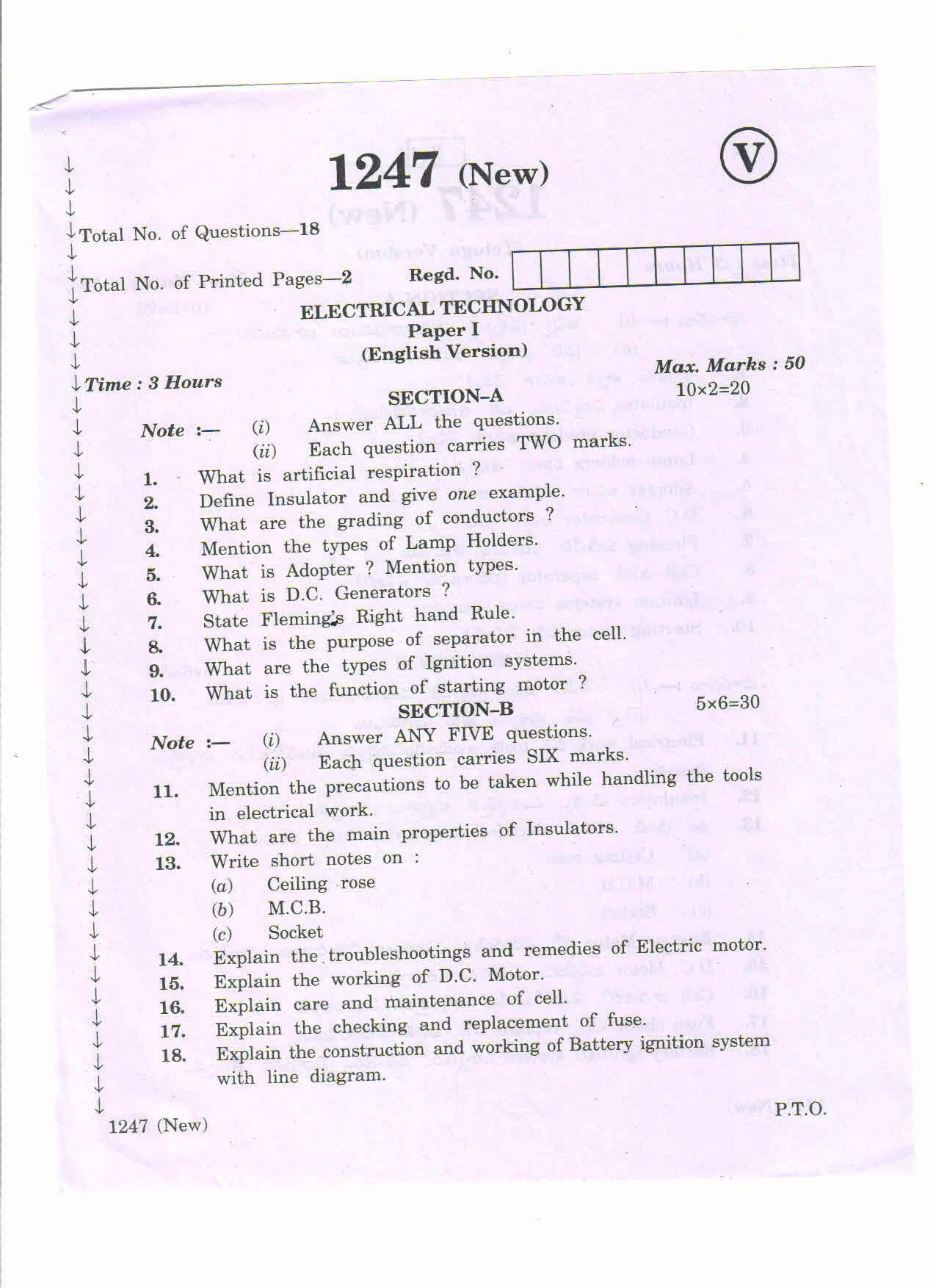 AP Inter 1st Year Electrical Technology-I March-2020-Vocational Question Paper - Page 1