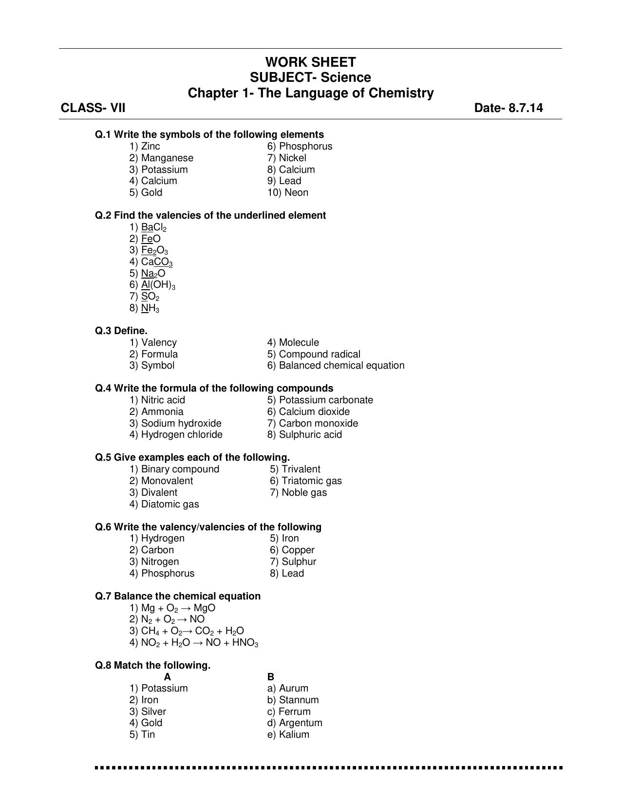 CBSE Worksheets for Class 7 Science The Language of Chemistry Assignment - Page 1