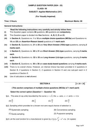 CBSE Class 12 Applied Mathematics (For Visually Impaired) Sample Question Paper 2024-25