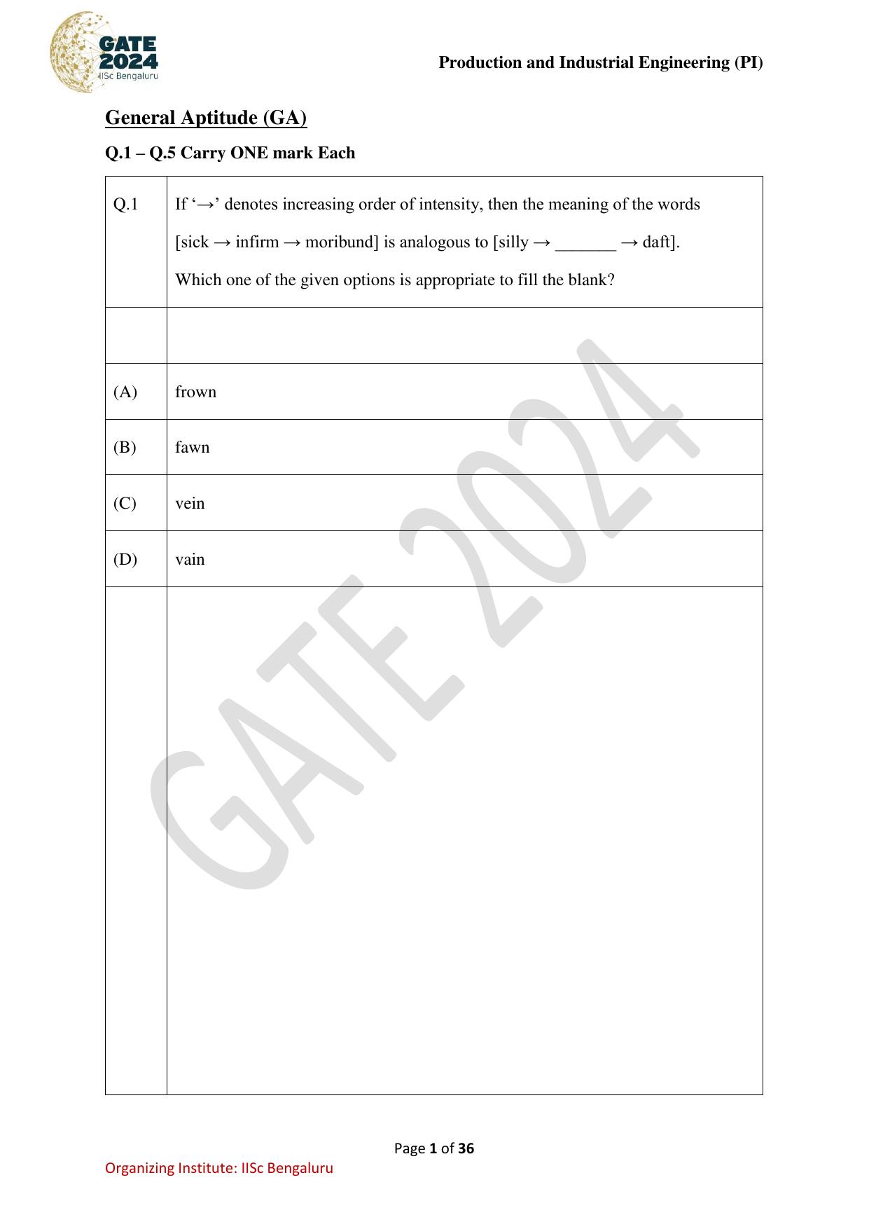 GATE 2024 Production and Industrial Engineering (PI) Question Paper - Page 1