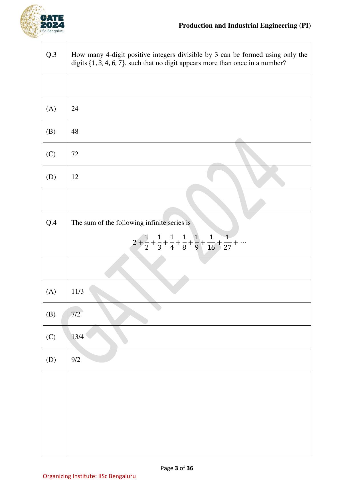GATE 2024 Production and Industrial Engineering (PI) Question Paper - Page 3