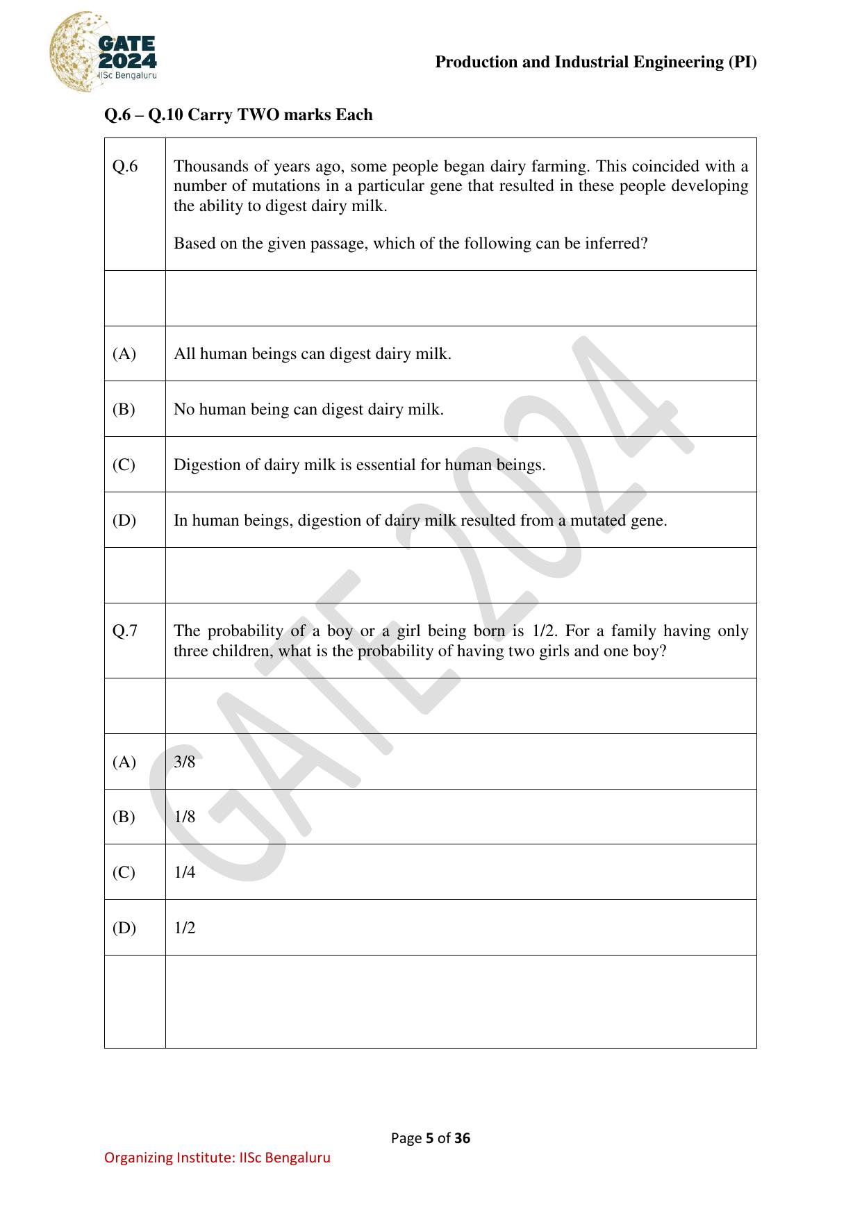 GATE 2024 Production and Industrial Engineering (PI) Question Paper - Page 5