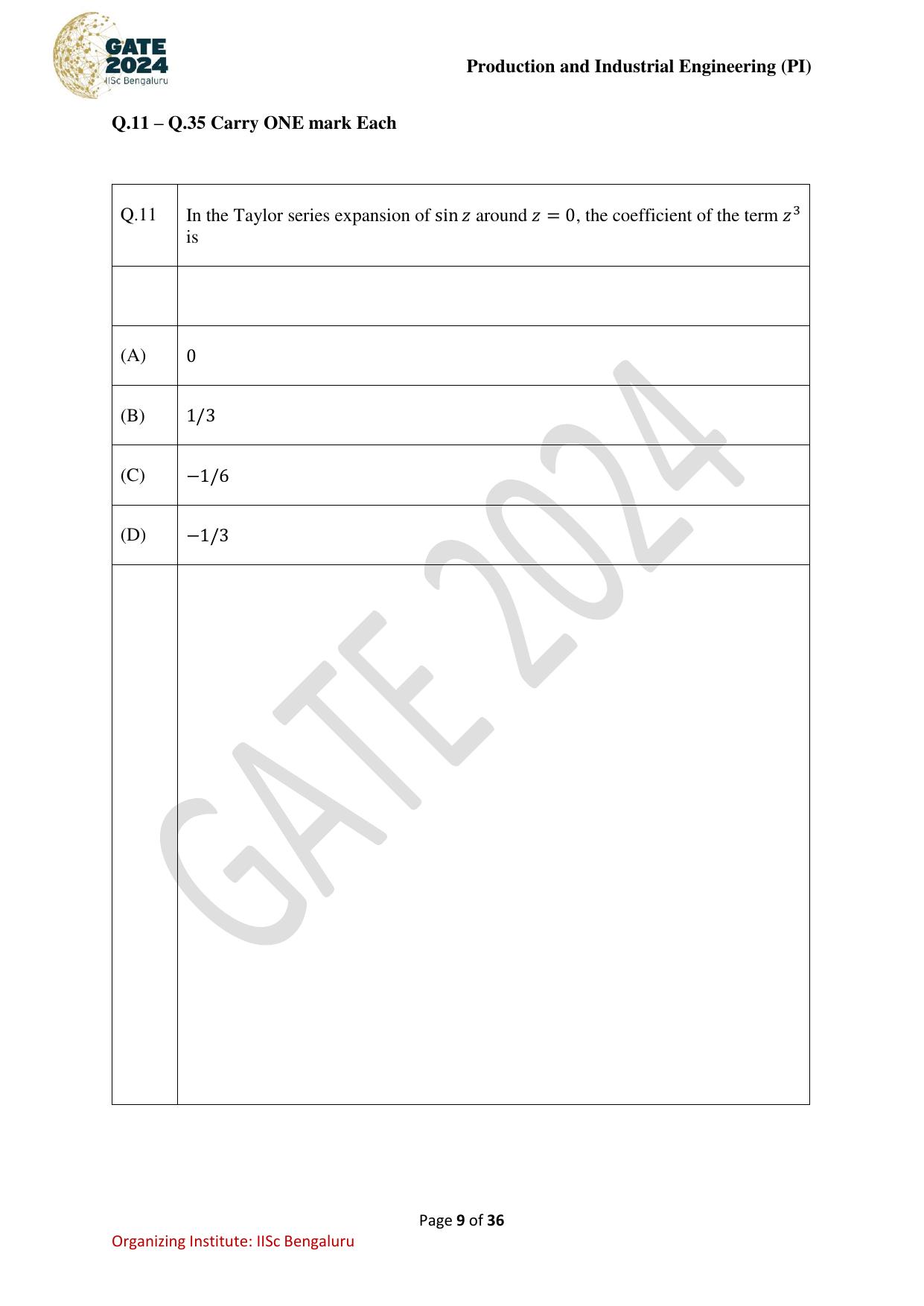 GATE 2024 Production and Industrial Engineering (PI) Question Paper - Page 9