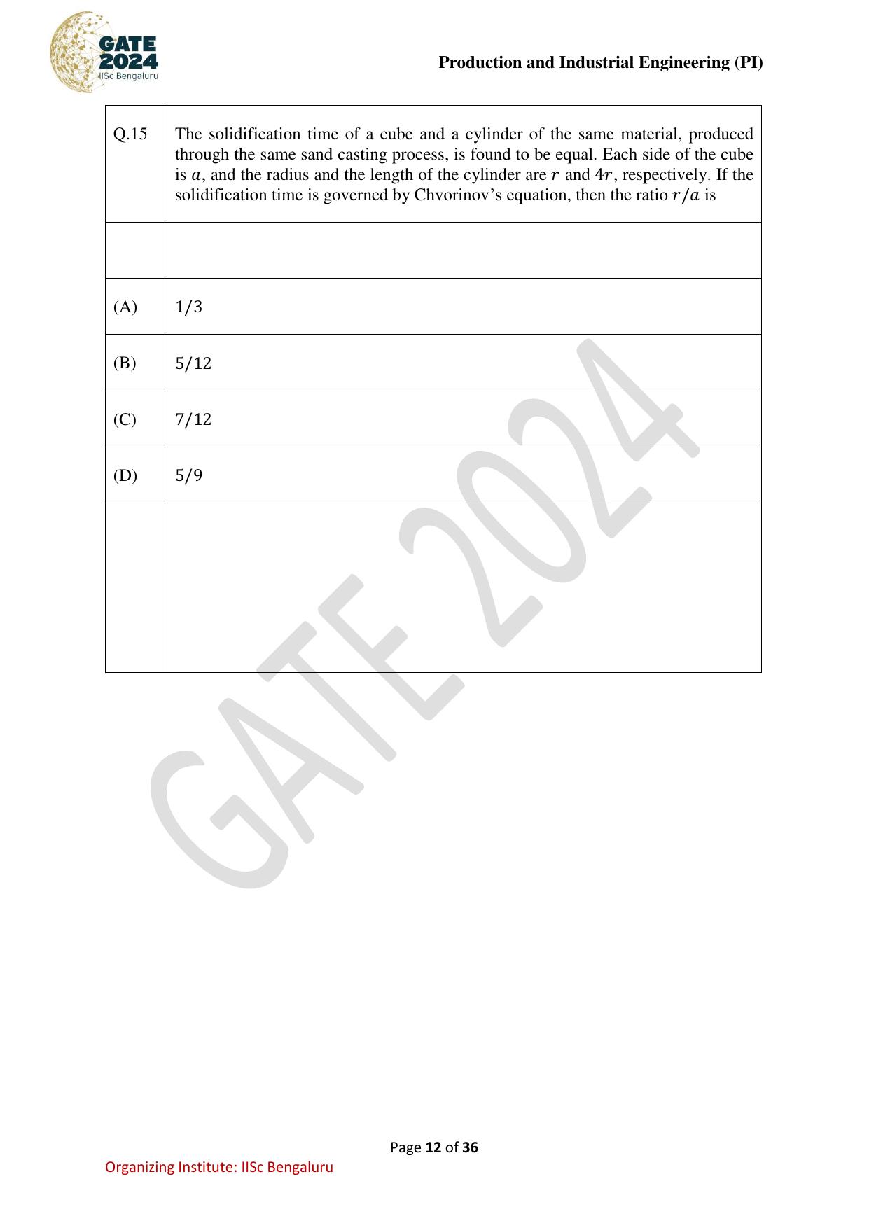 GATE 2024 Production and Industrial Engineering (PI) Question Paper - Page 12