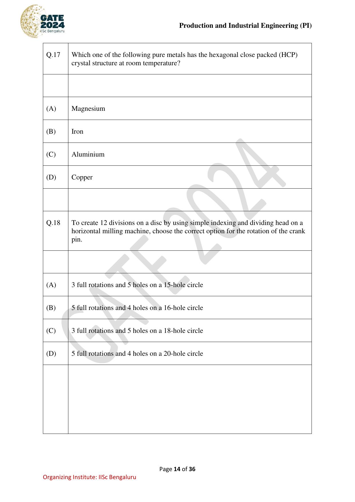 GATE 2024 Production and Industrial Engineering (PI) Question Paper - Page 14