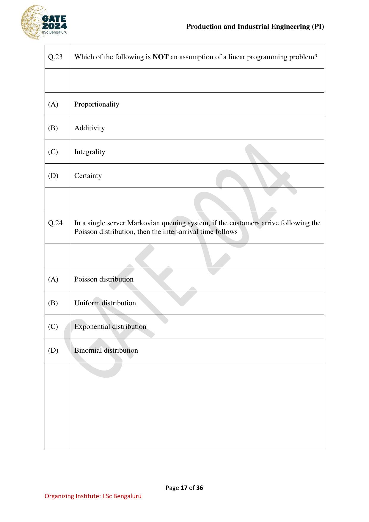 GATE 2024 Production and Industrial Engineering (PI) Question Paper - Page 17