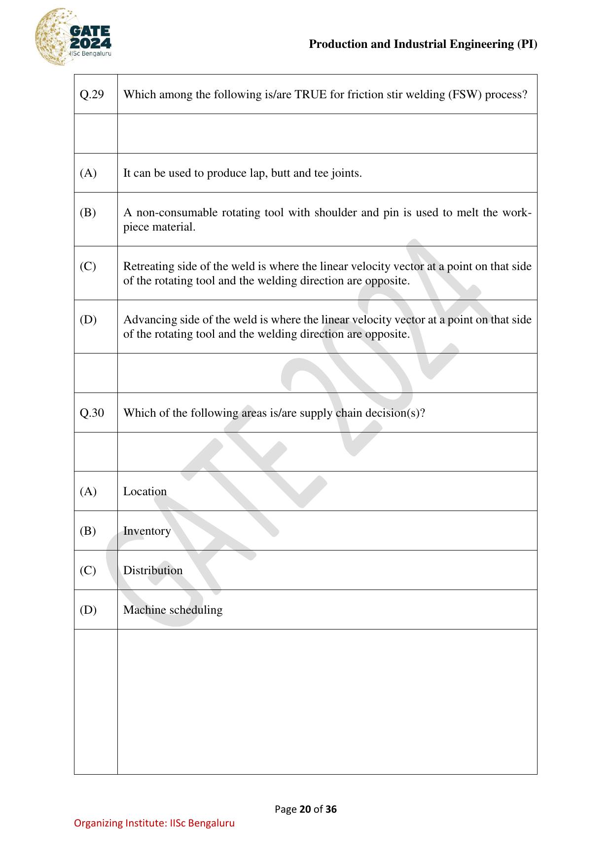 GATE 2024 Production and Industrial Engineering (PI) Question Paper - Page 20