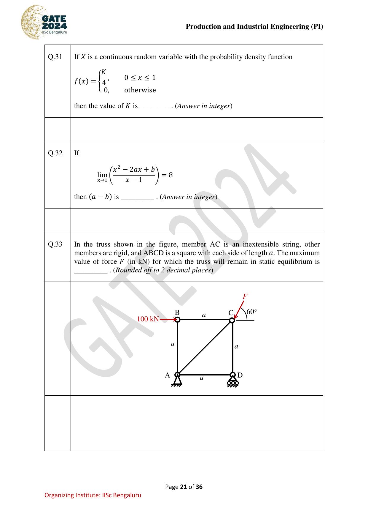 GATE 2024 Production and Industrial Engineering (PI) Question Paper - Page 21