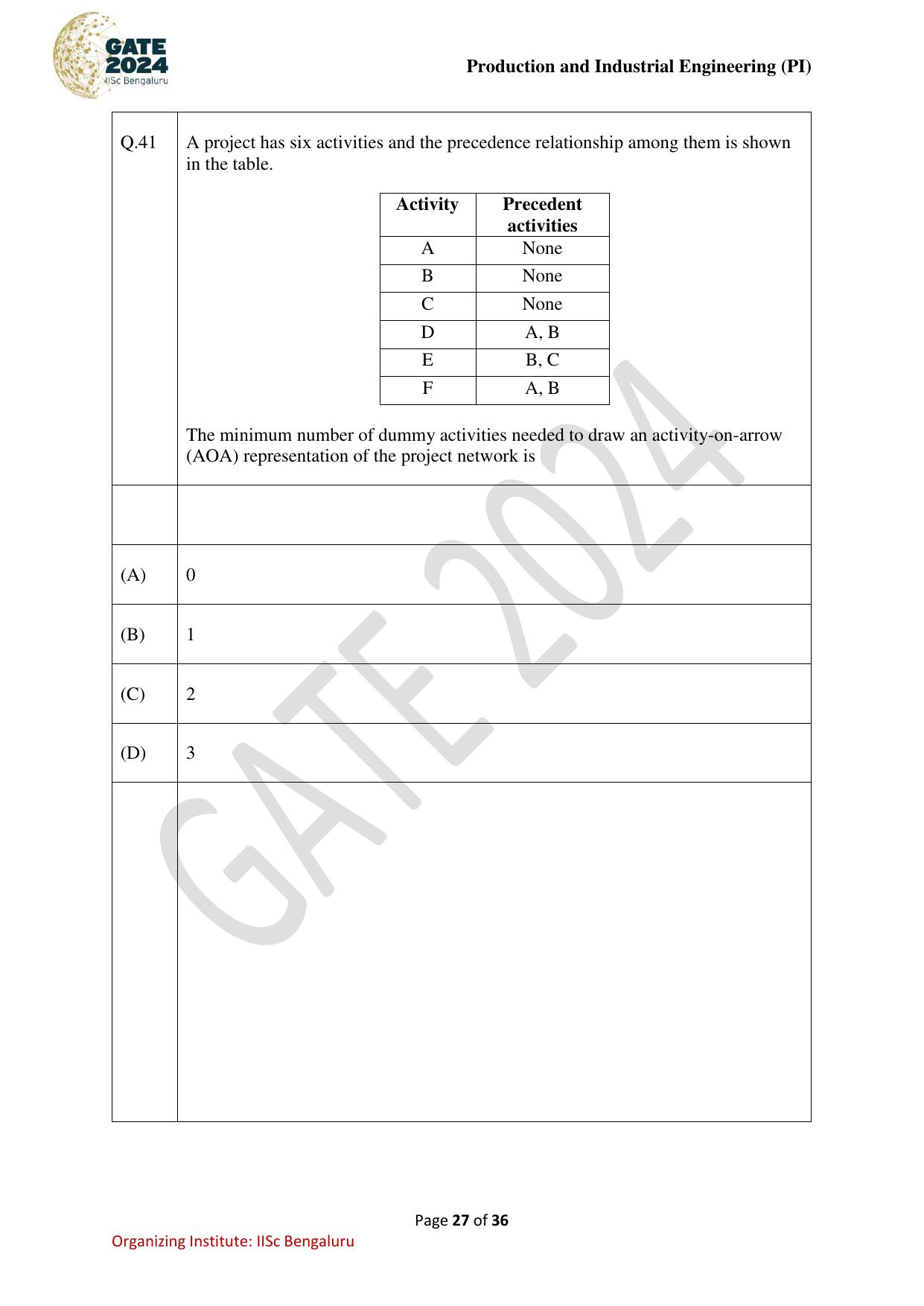 GATE 2024 Production and Industrial Engineering (PI) Question Paper - Page 27