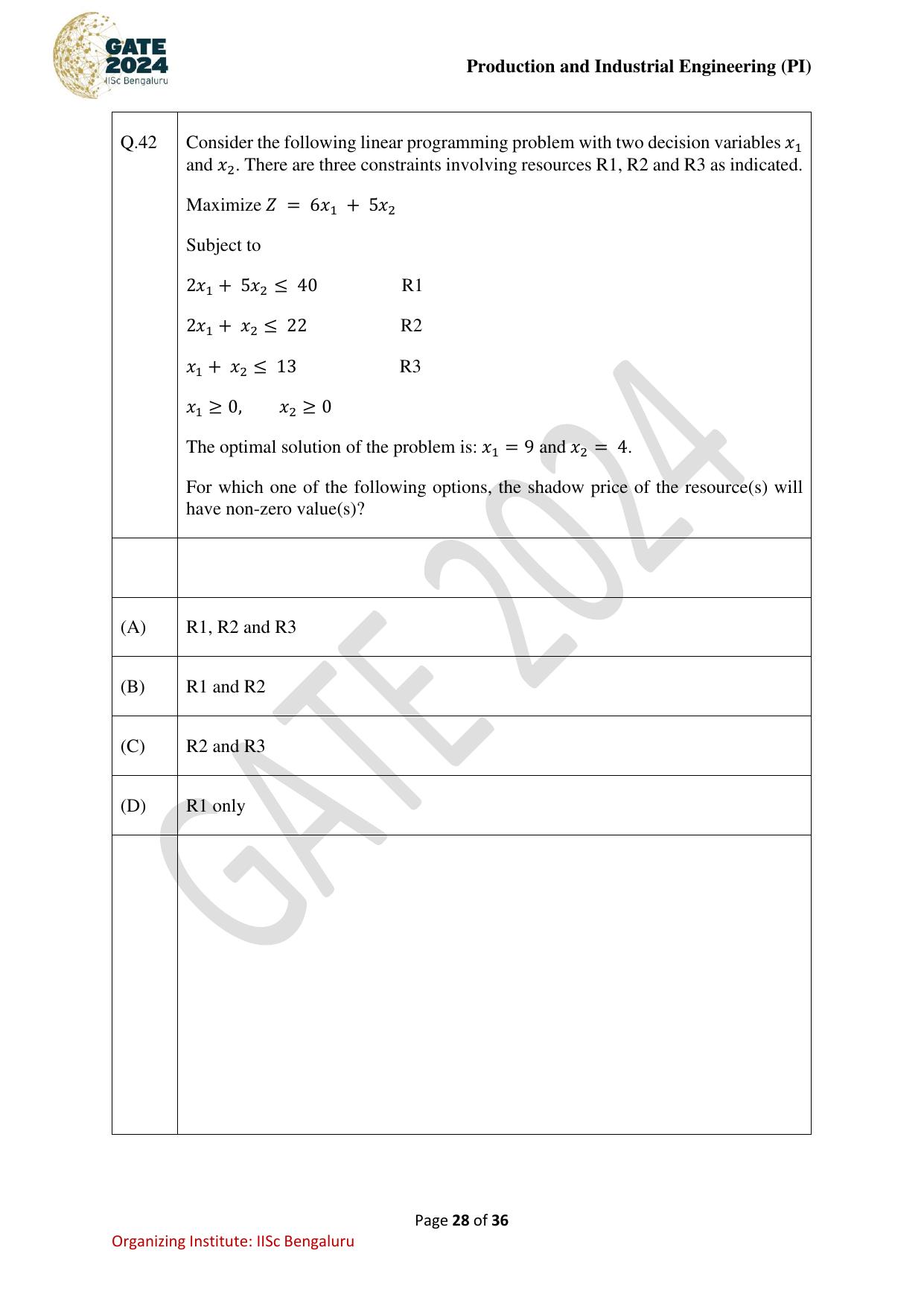 GATE 2024 Production and Industrial Engineering (PI) Question Paper - Page 28