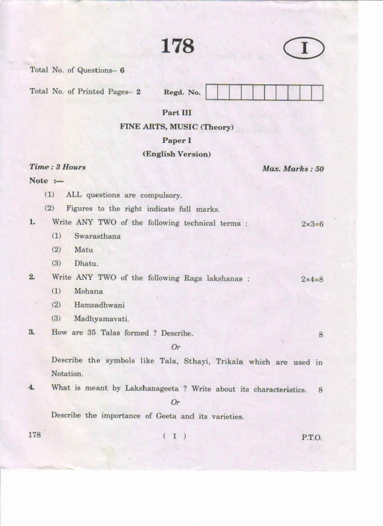 AP Inter 1st Year Fine Arts, Music-I (EM) May-2019-General Question Paper - Page 1