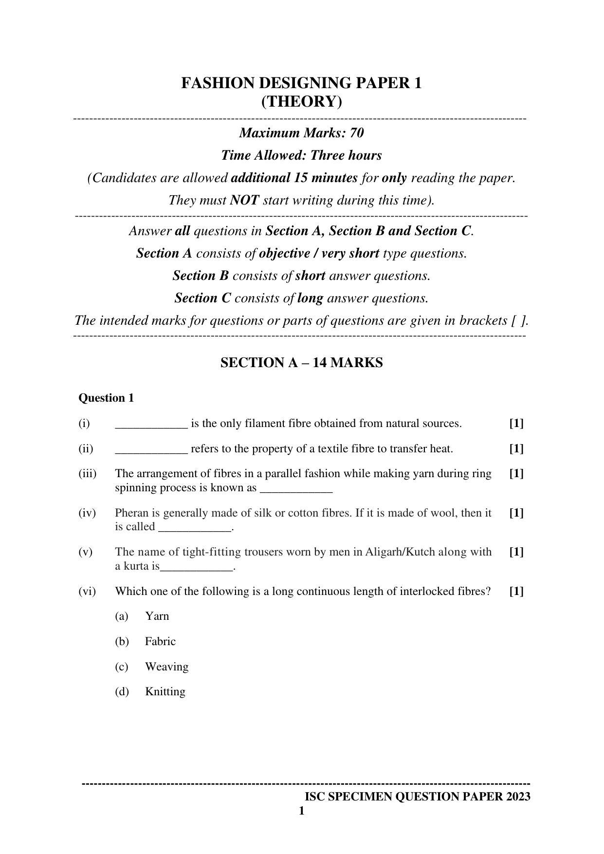 ISC Class 12 Fashion Designing Paper 1 Sample Paper 2023 - Page 1