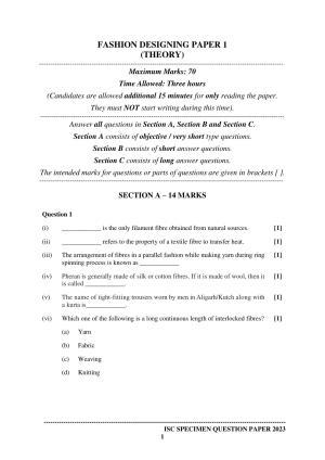 ISC Class 12 Fashion Designing Paper 1 Sample Paper 2023