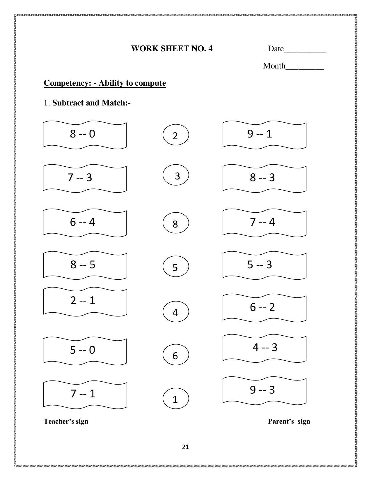 Worksheet for Class 1 Maths Subtraction Assigment 3 - Page 1