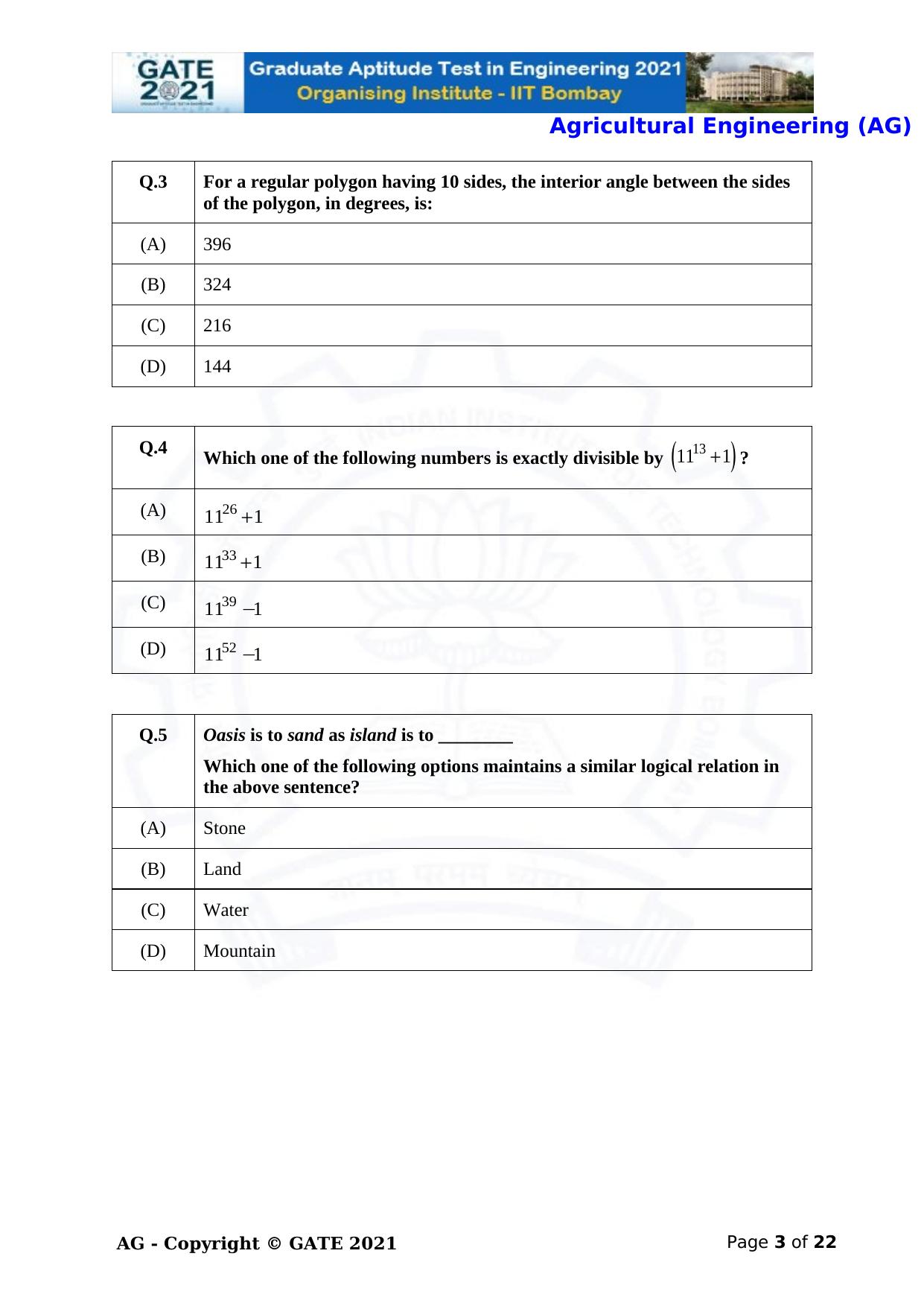 GATE 2021 Agricultural Engineering (AG) Question Paper - Page 3