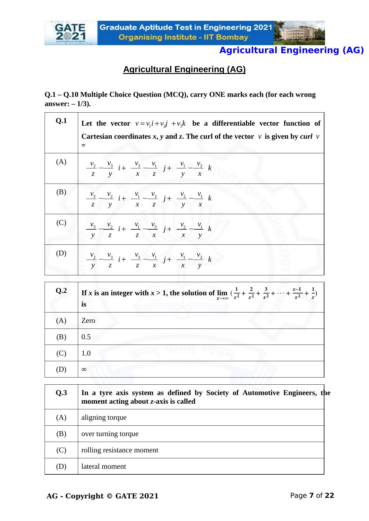 GATE 2021 Agricultural Engineering (AG) Question Paper - Page 7