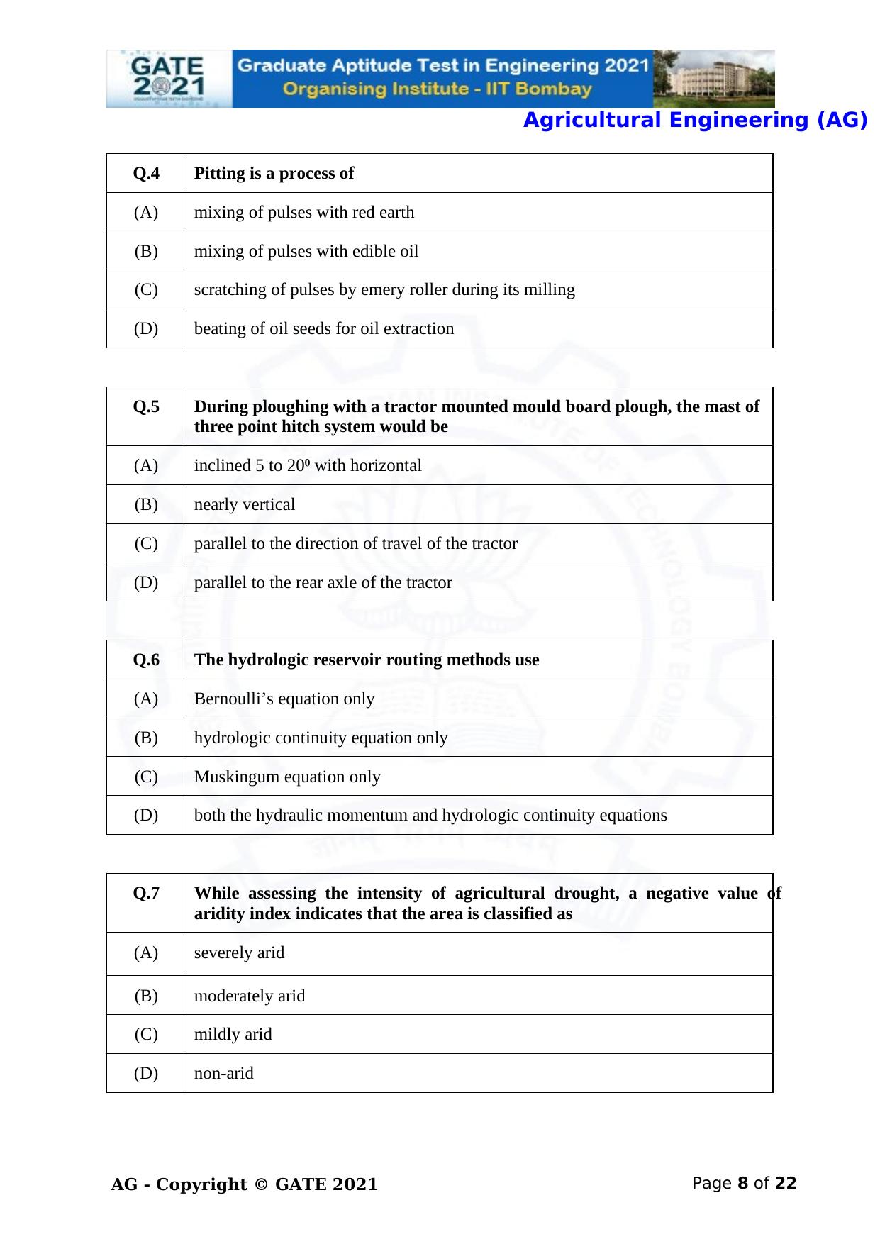 GATE 2021 Agricultural Engineering (AG) Question Paper - Page 8