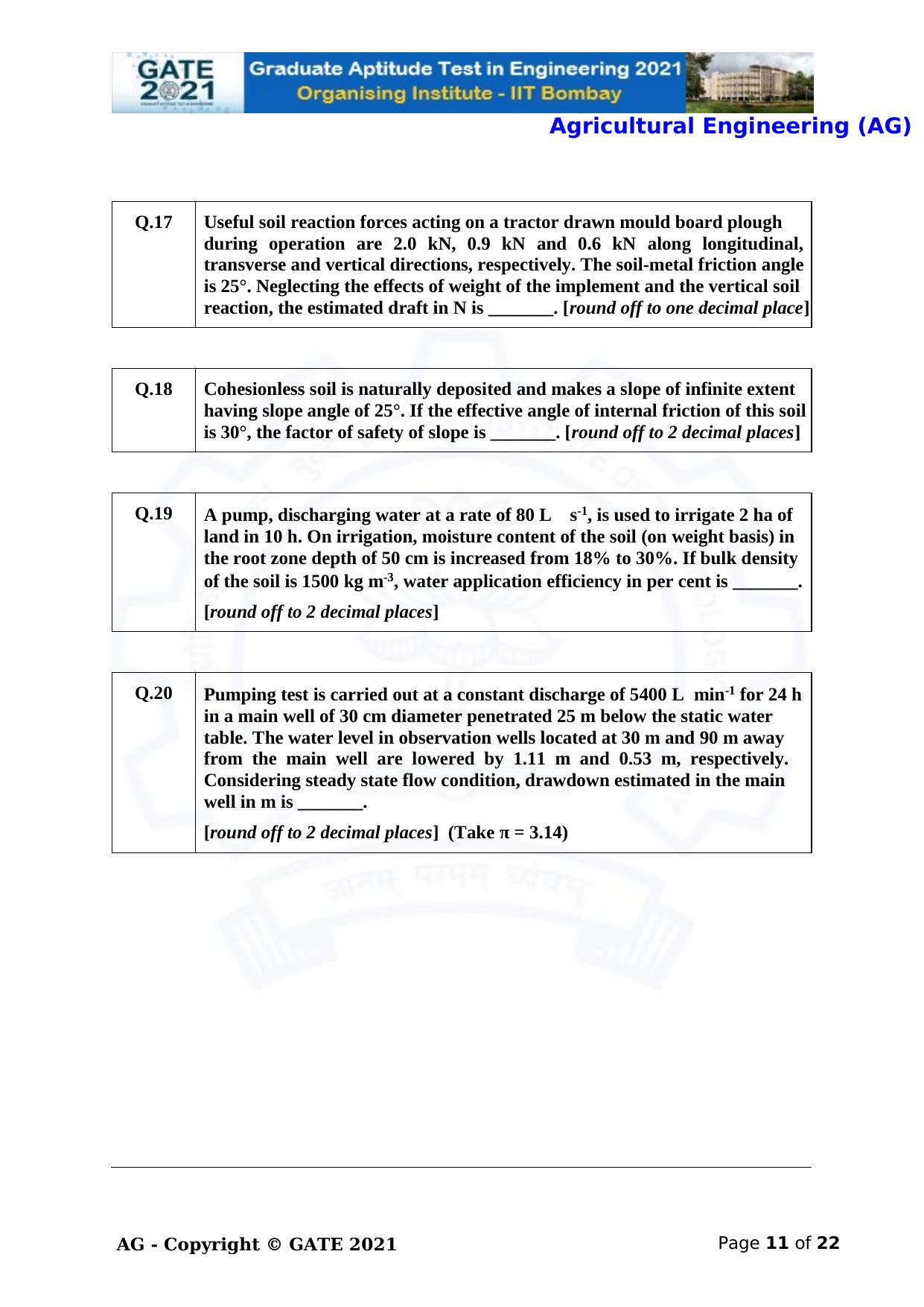 GATE 2021 Agricultural Engineering (AG) Question Paper - Page 11