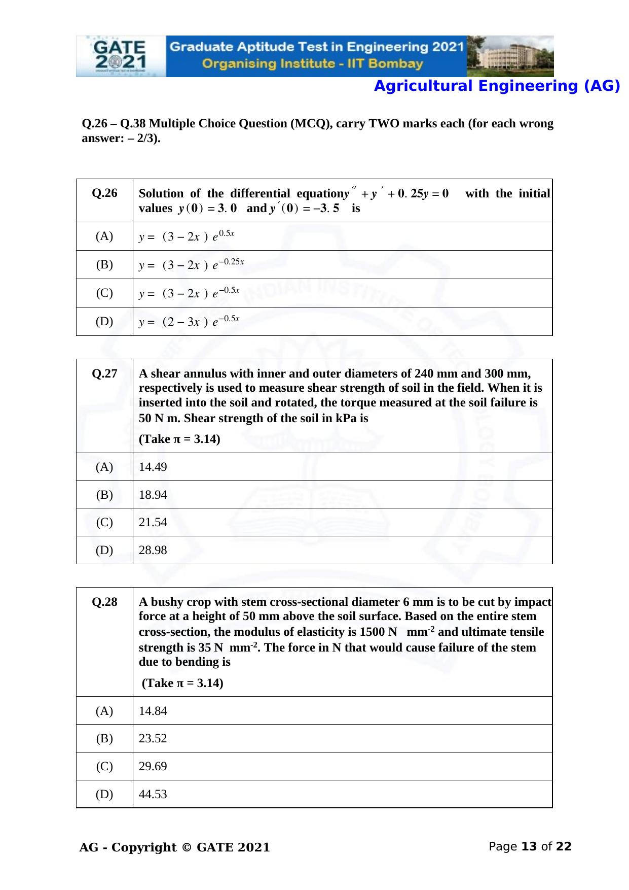 GATE 2021 Agricultural Engineering (AG) Question Paper - Page 13