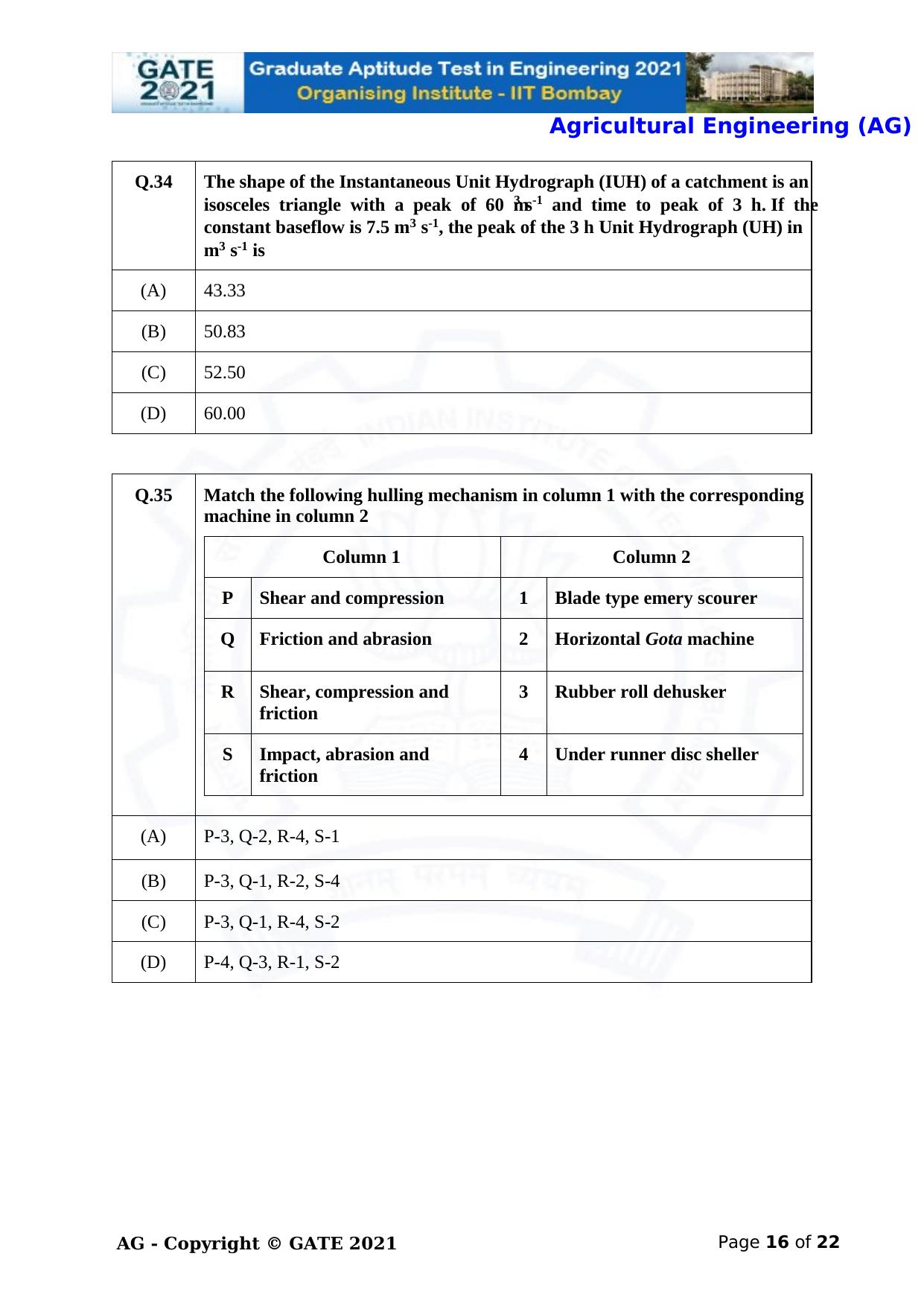 GATE 2021 Agricultural Engineering (AG) Question Paper - Page 16